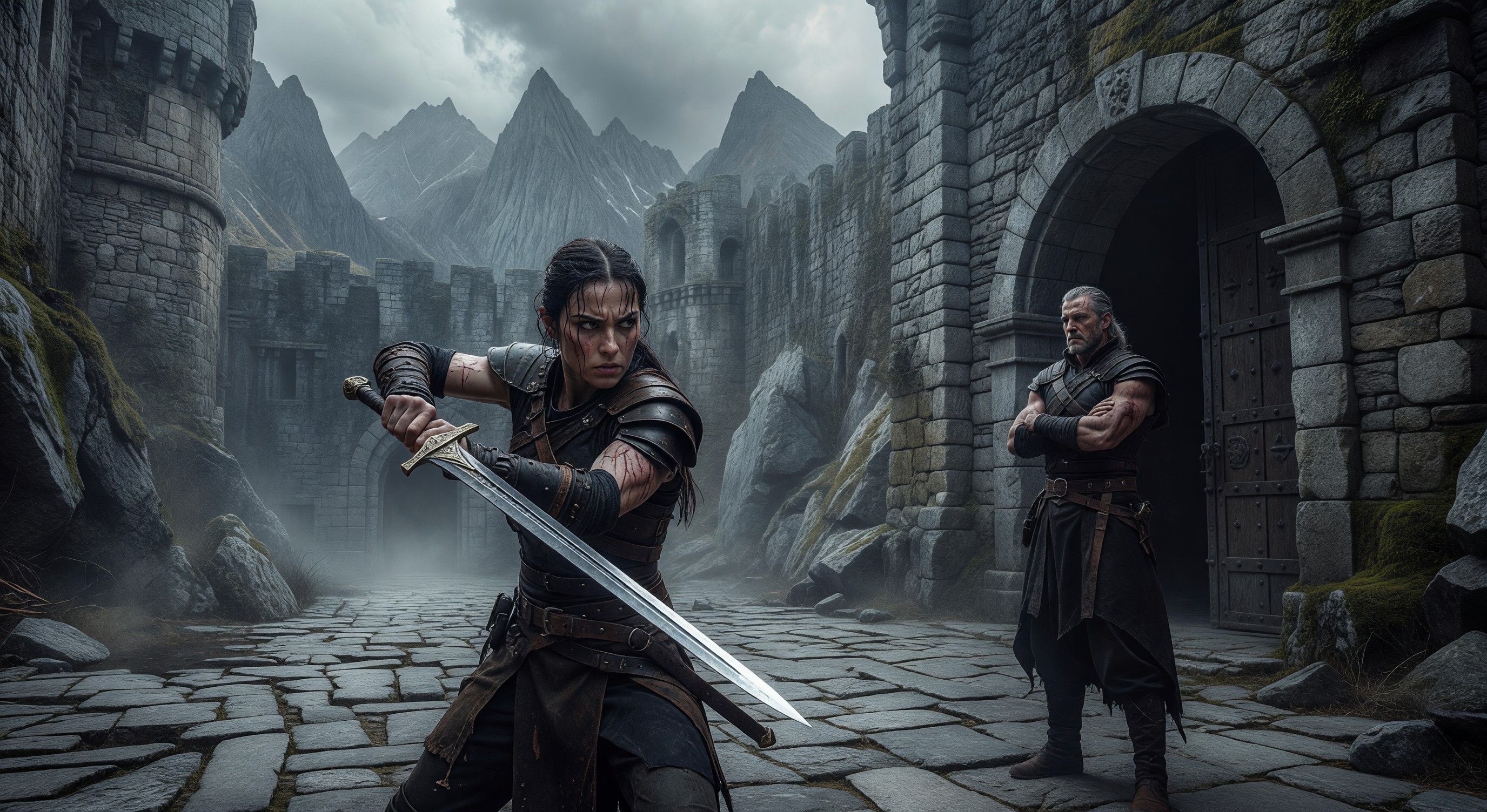 Stone training yard at dawn in a fae mountain fortress, weapons rack along one wall, frost on the flagstones