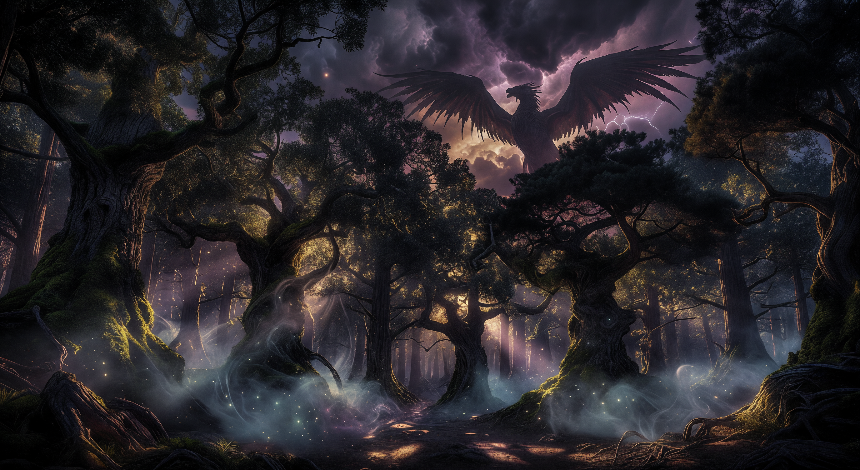 A vast dark forest at twilight, golden and violet light filtering through ancient trees, the silhouette of wings visible against a stormy sky