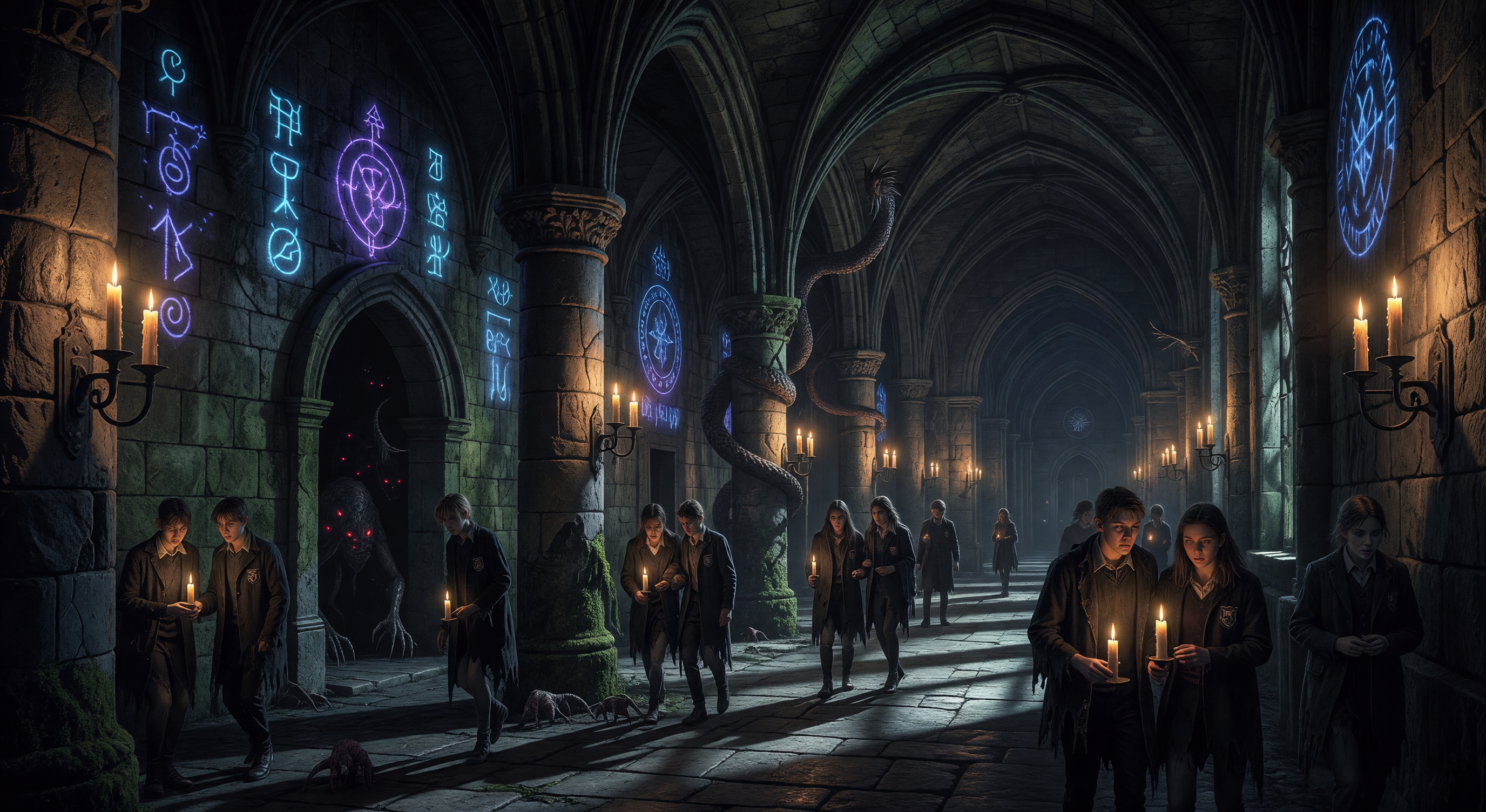 A vast stone hall lit by cold blue mage-lights, with dark archways that seem to breathe and shadows that pool unnaturally in the corners