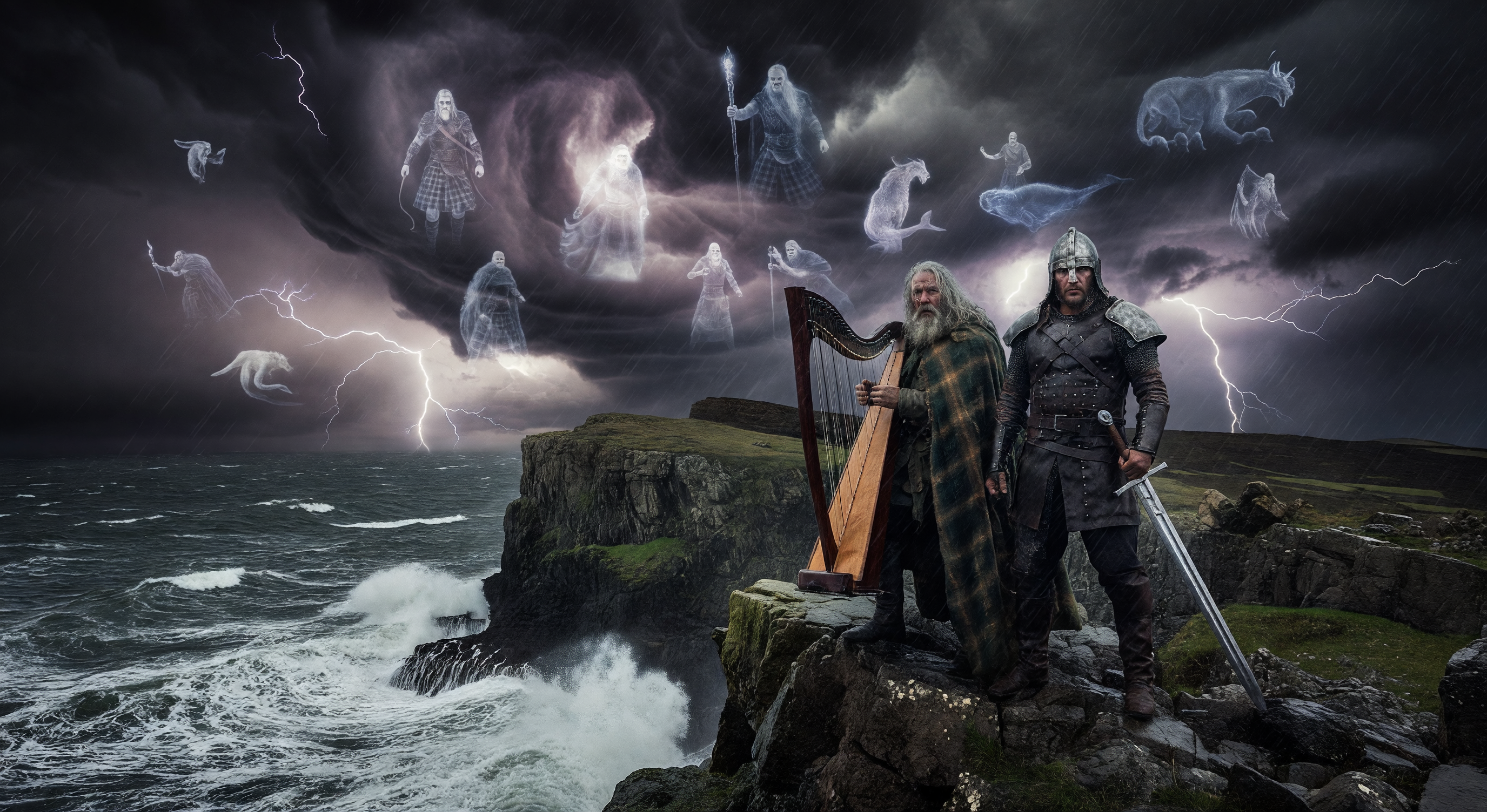 A heather-covered highland plateau under a stormy sky, a fire burning in the middle distance while a kneeling figure holds a harp