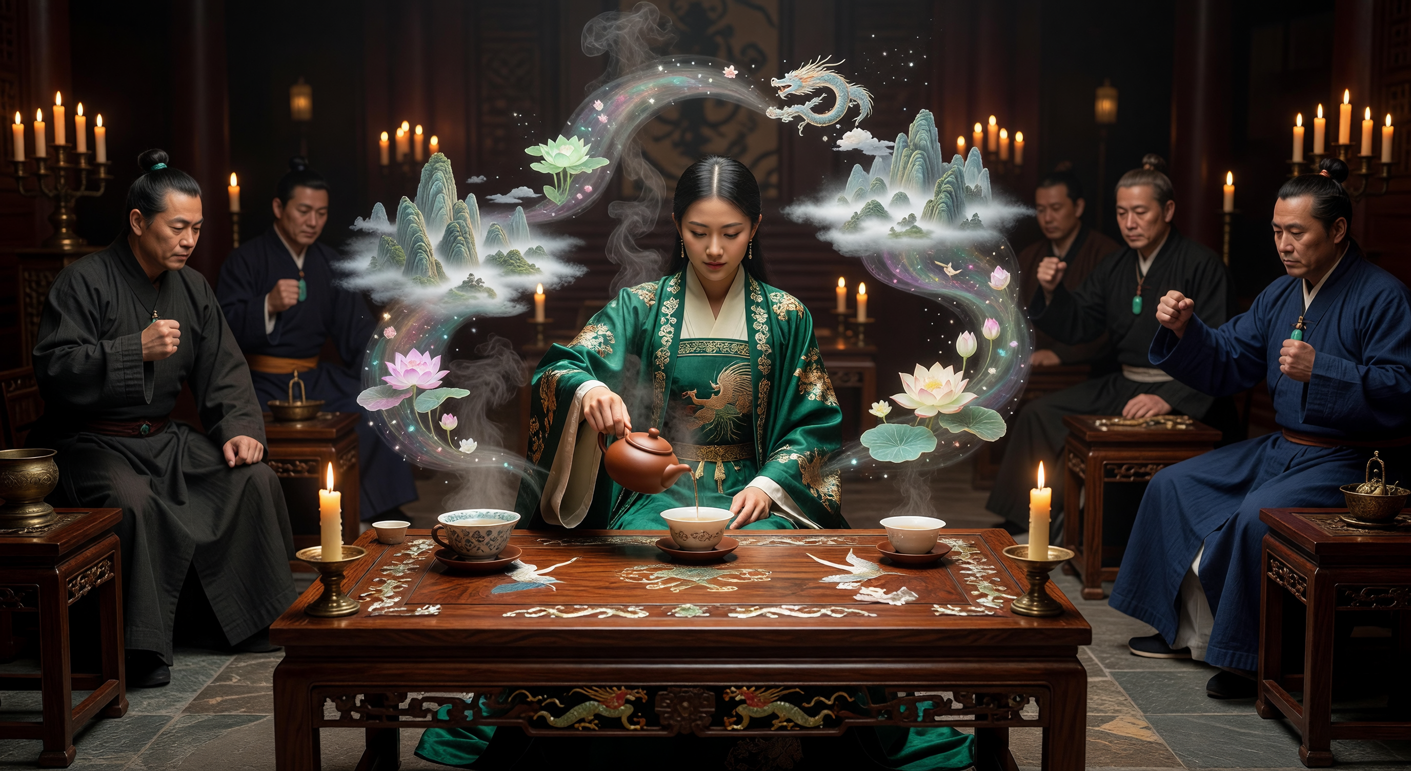 A clay teapot on a low table wreathed in steam that shifts into the shapes of flowers and bones, surrounded by scattered dried leaves