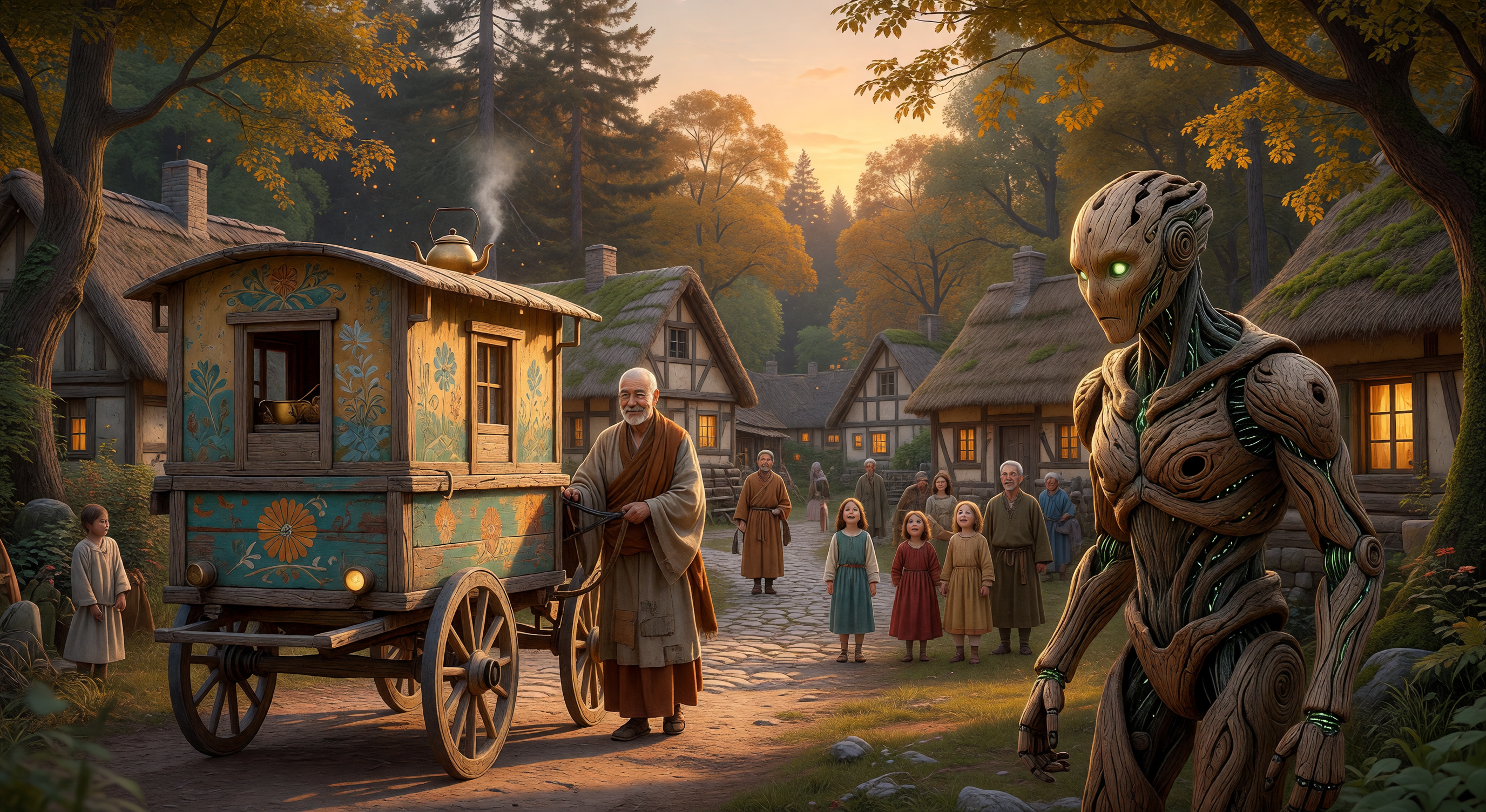 A mossy robot walking alongside a robed figure on a winding road through a forest of enormous ferns, the sky above pale gold