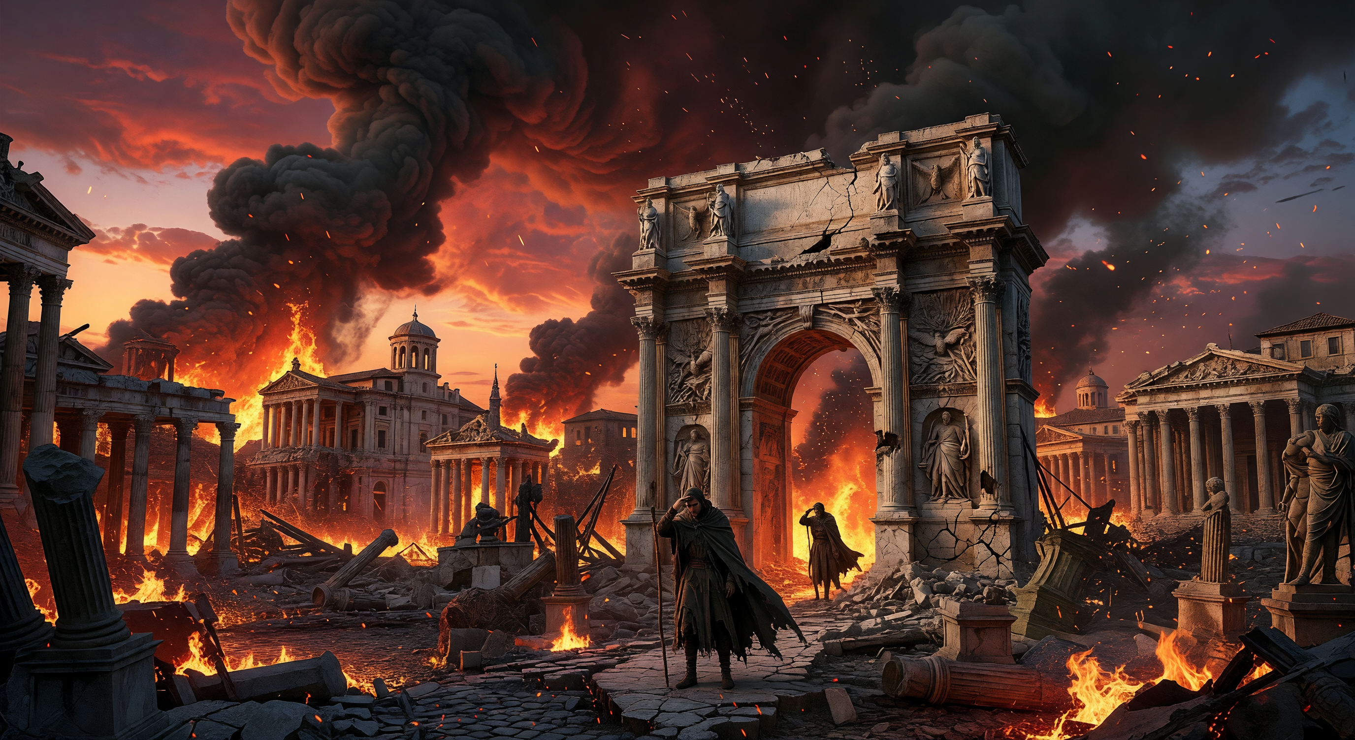 A burning Roman-style city at dusk, columns of smoke rising against a red sky, a lone figure standing in the rubble of a great archway