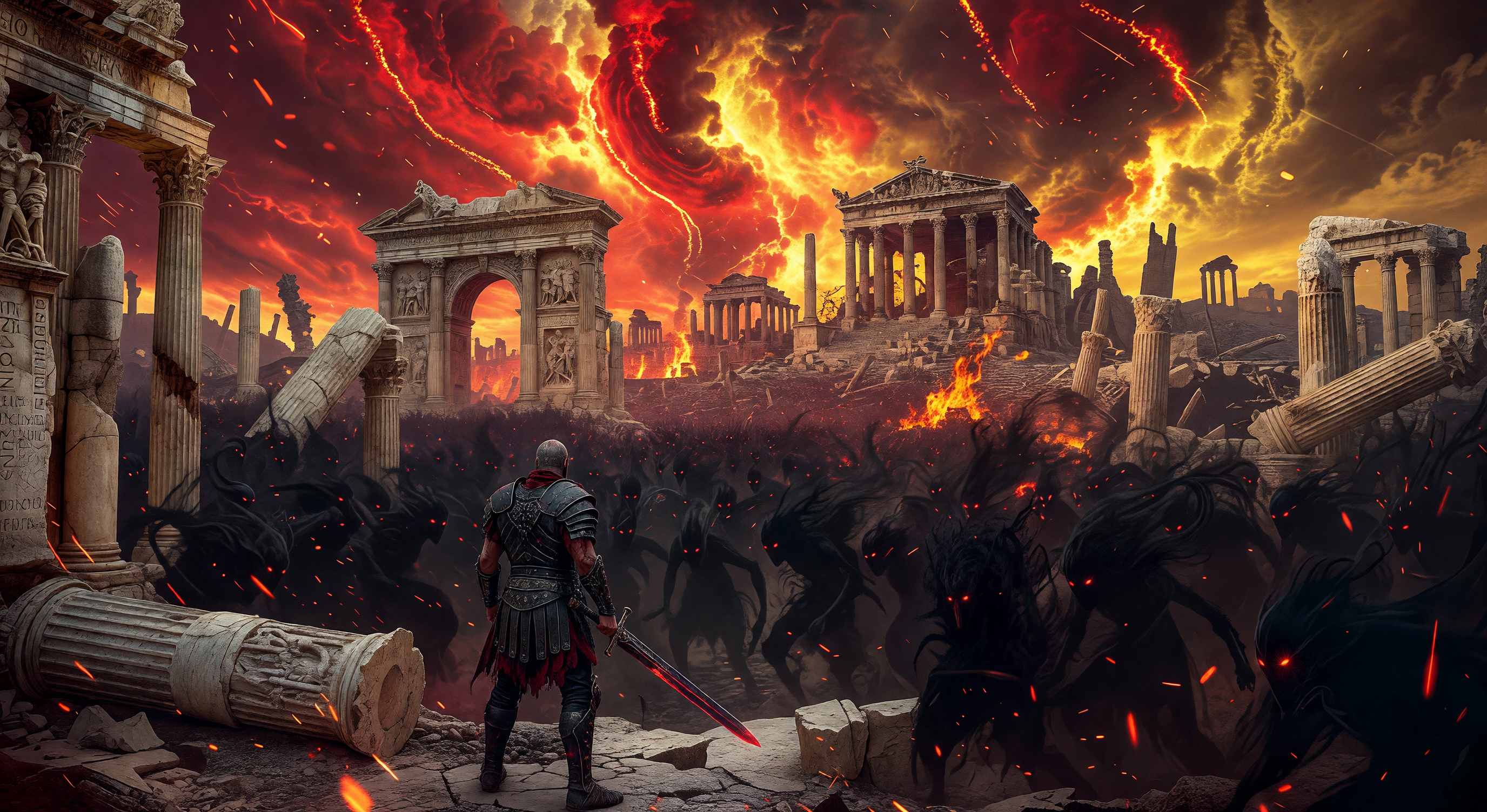A vast battlefield at dawn with storm clouds breaking apart overhead, golden light splitting through the dark in long shafts across the smoke-hazed plain