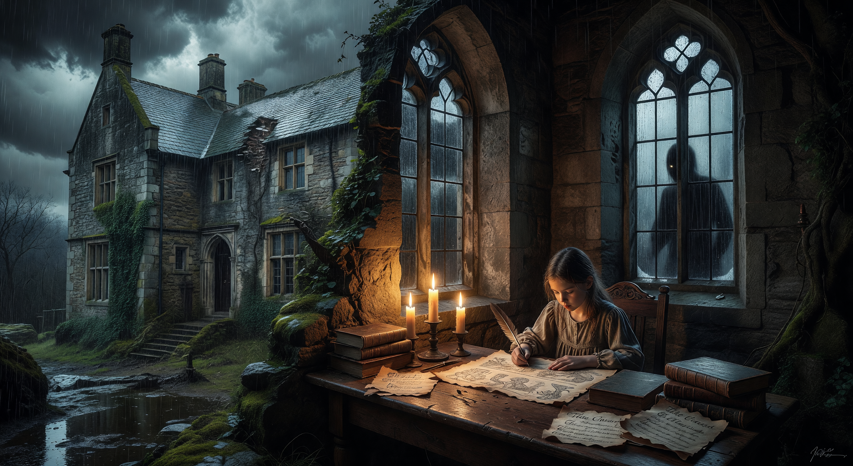 A stone manor house at the edge of marshland under a full moon, one upstairs window lit, its reflection shimmering in the dark water below