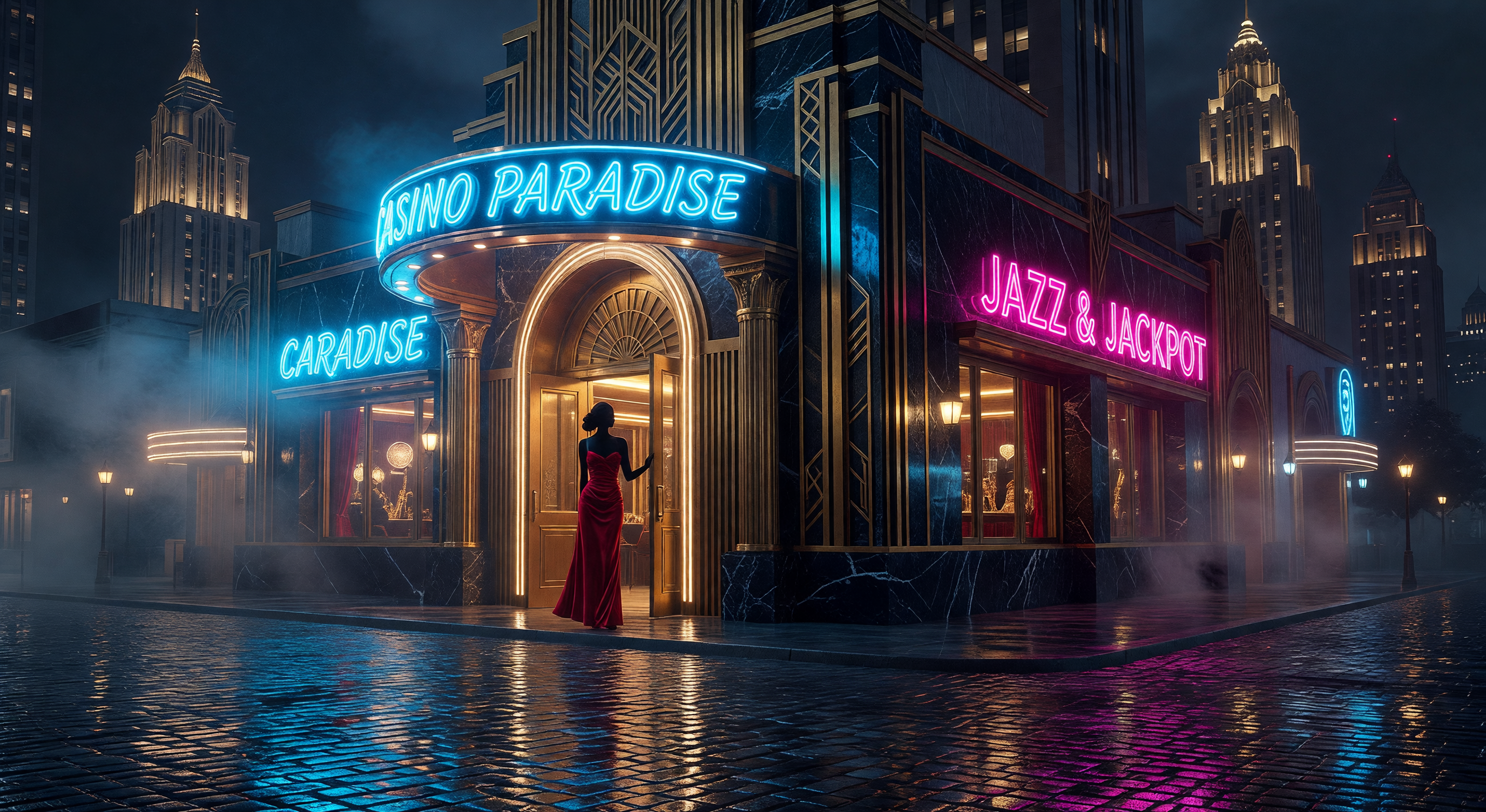 A Art Deco casino at night, neon signs reflecting in rain-slicked streets, a woman in a red dress silhouetted in a doorway