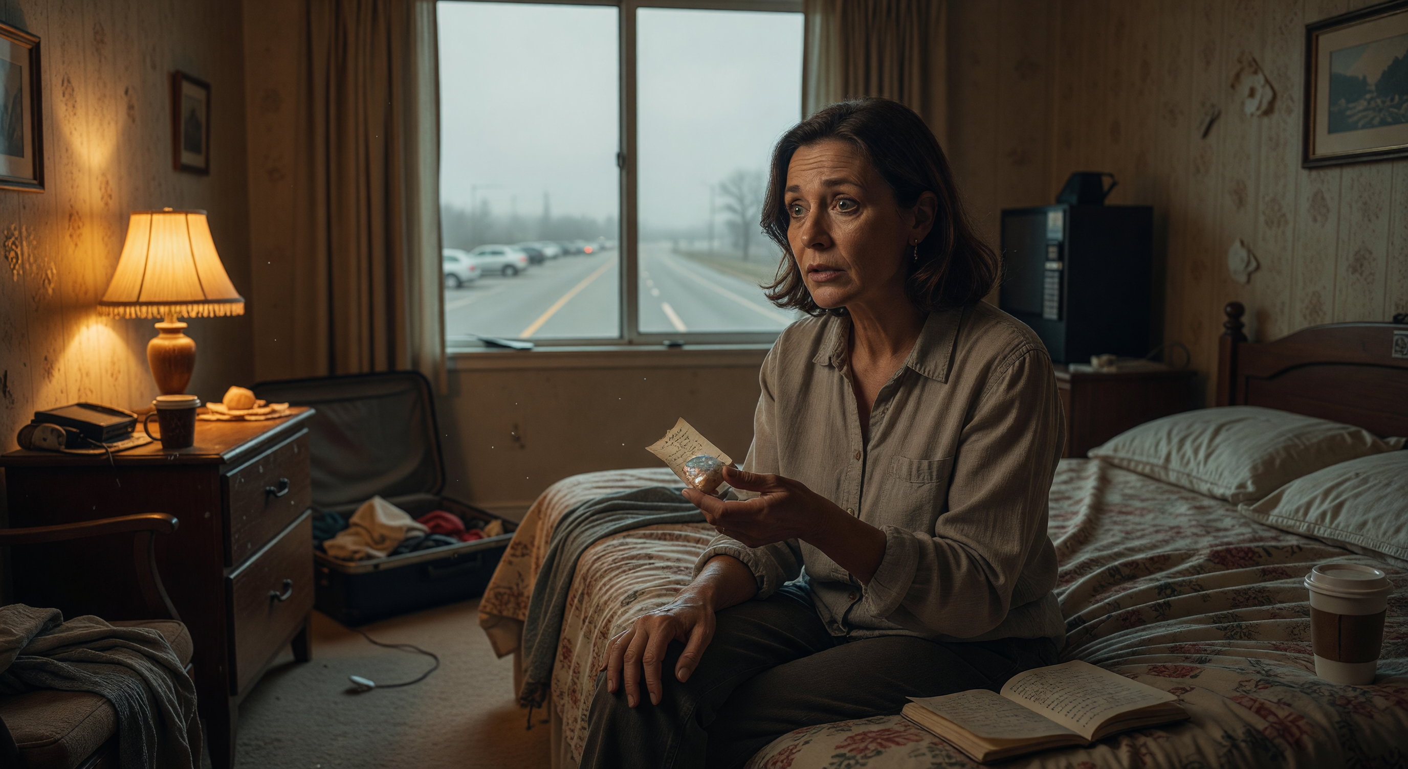 Interior of a small roadside motel room at evening, one lamp on, curtains half-drawn, a highway sign visible through the window