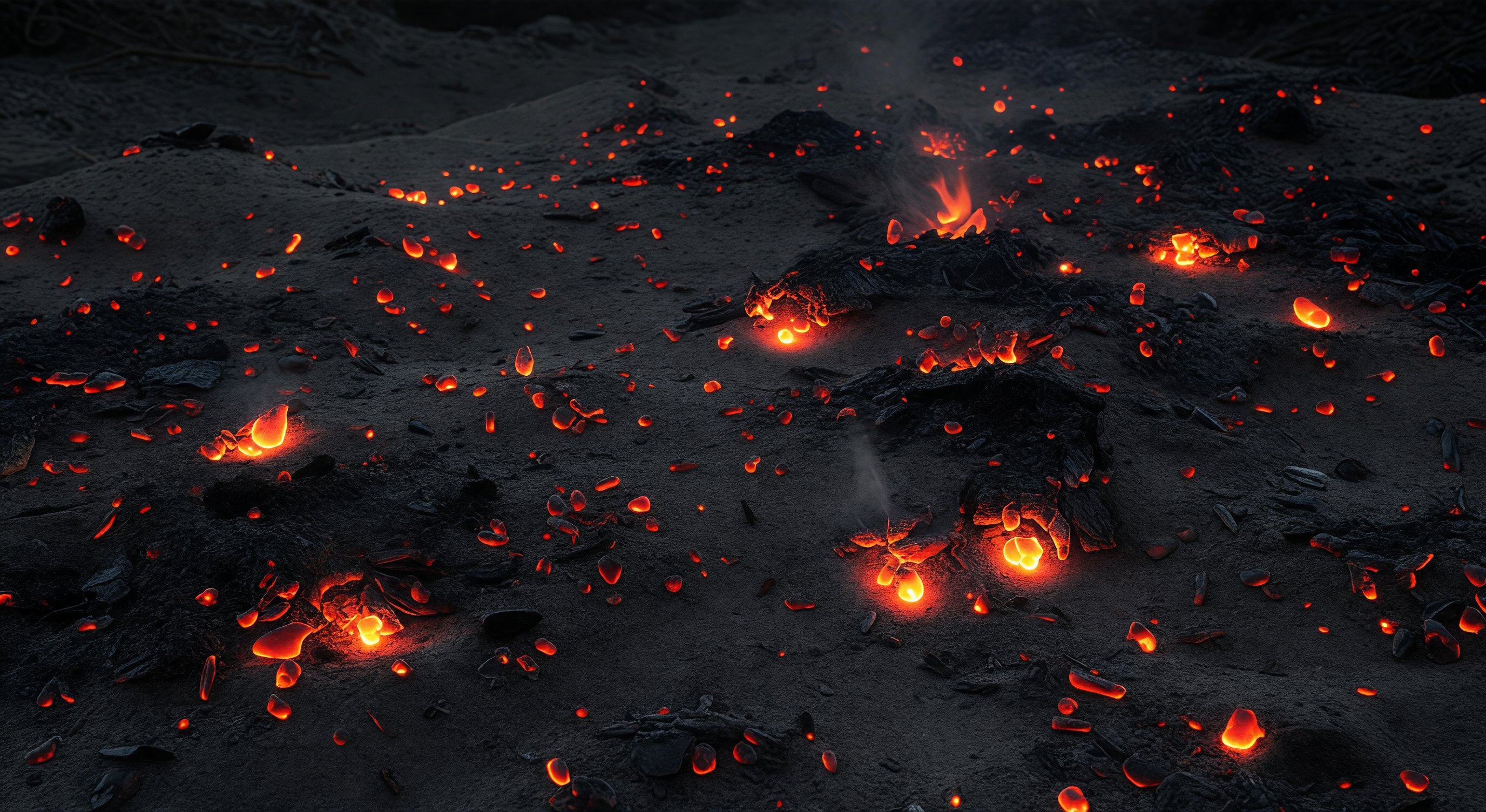 Glowing orange and red embers in dark ash, deep contrast between fire and shadow, dramatic and elemental