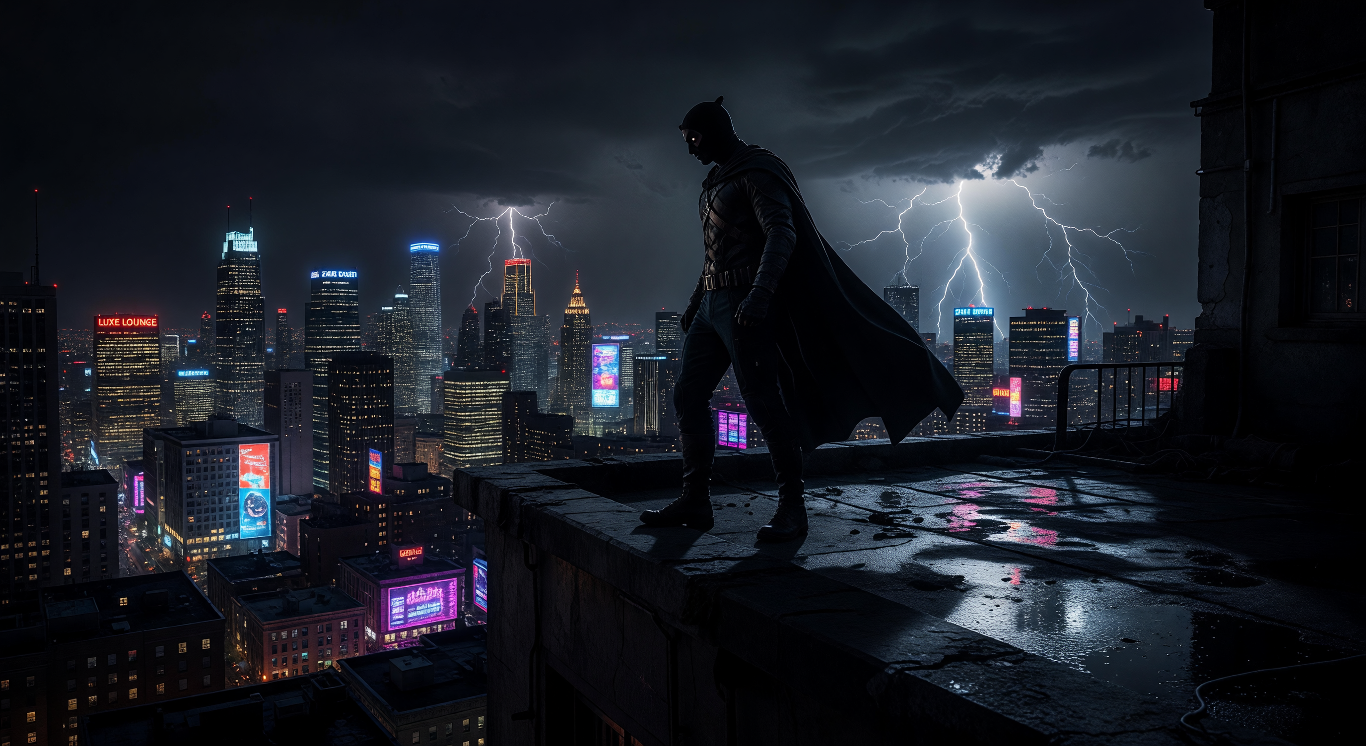 A dramatic urban rooftop at night, a masked figure standing at the edge looking over a glittering city, lightning in the distance