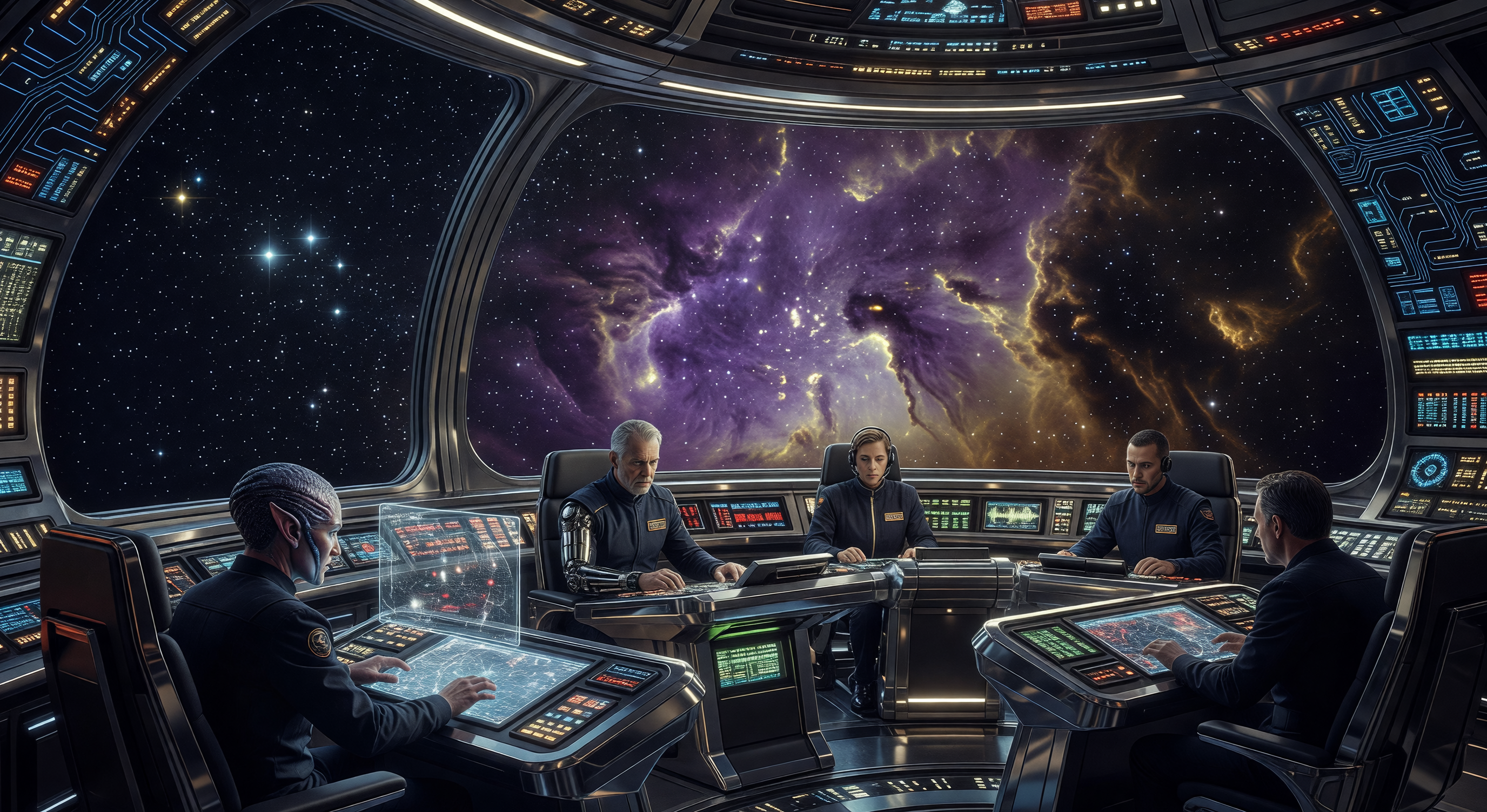A sleek spaceship bridge with panoramic windows showing a nebula in shades of purple and gold, six crew members at their stations, starlight everywhere