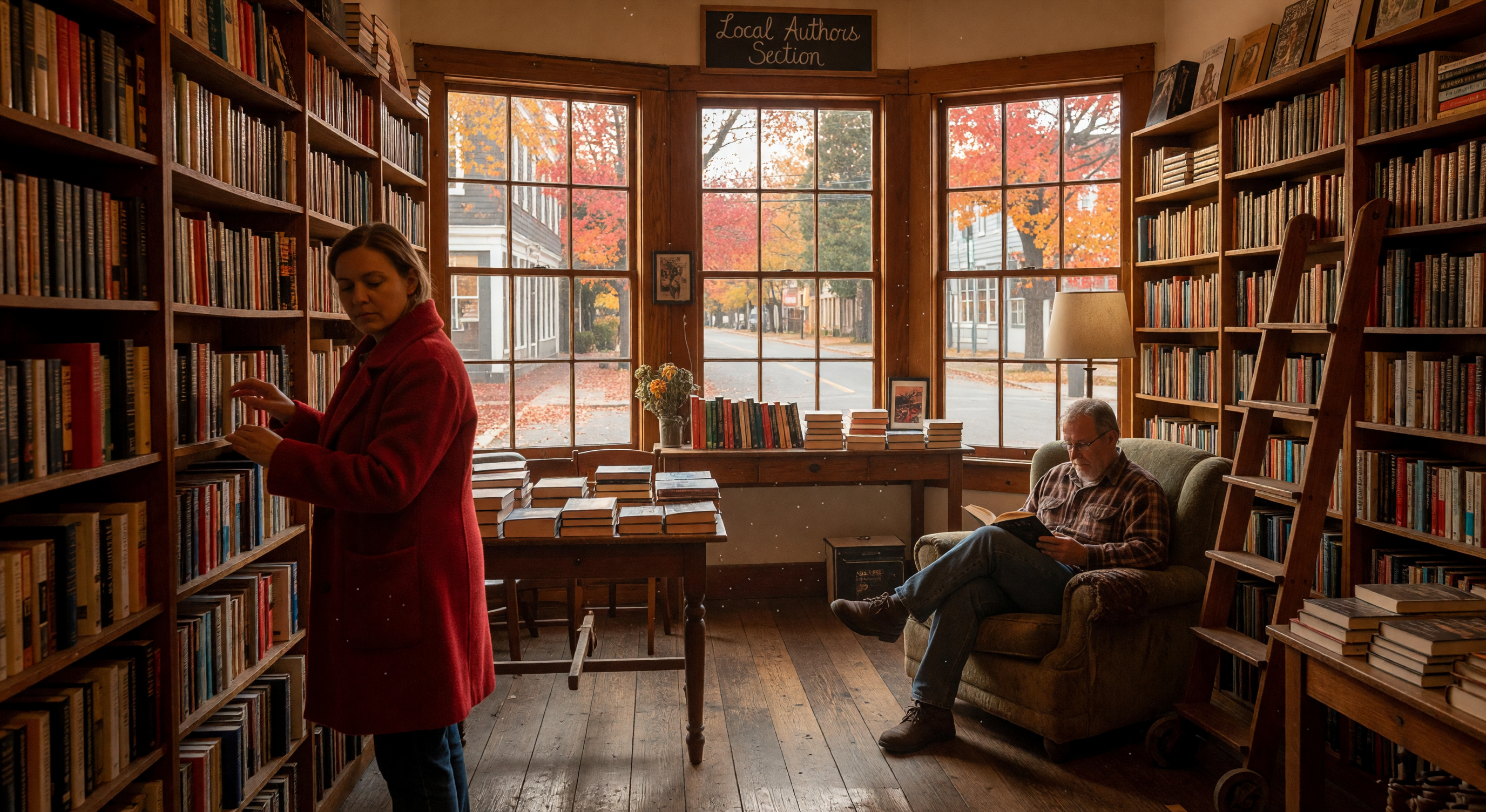 A worn bookshop window on a small-town main street, rain-streaked glass, a warm light glowing inside against a grey afternoon