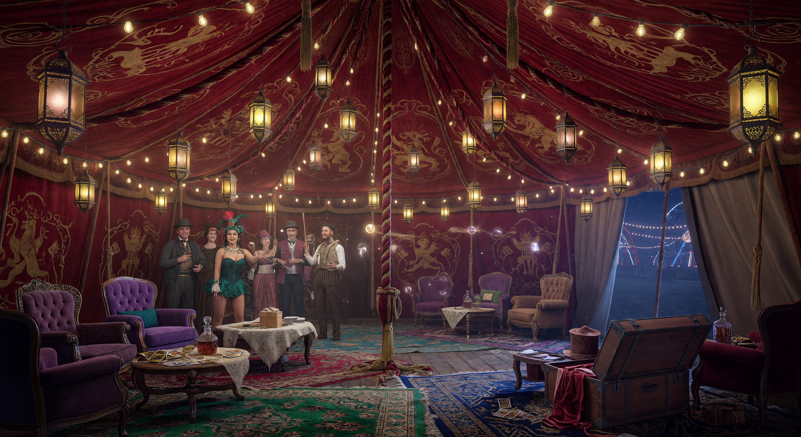 A circus tent at night illuminated from within, golden light spilling out through coloured panels, stars overhead