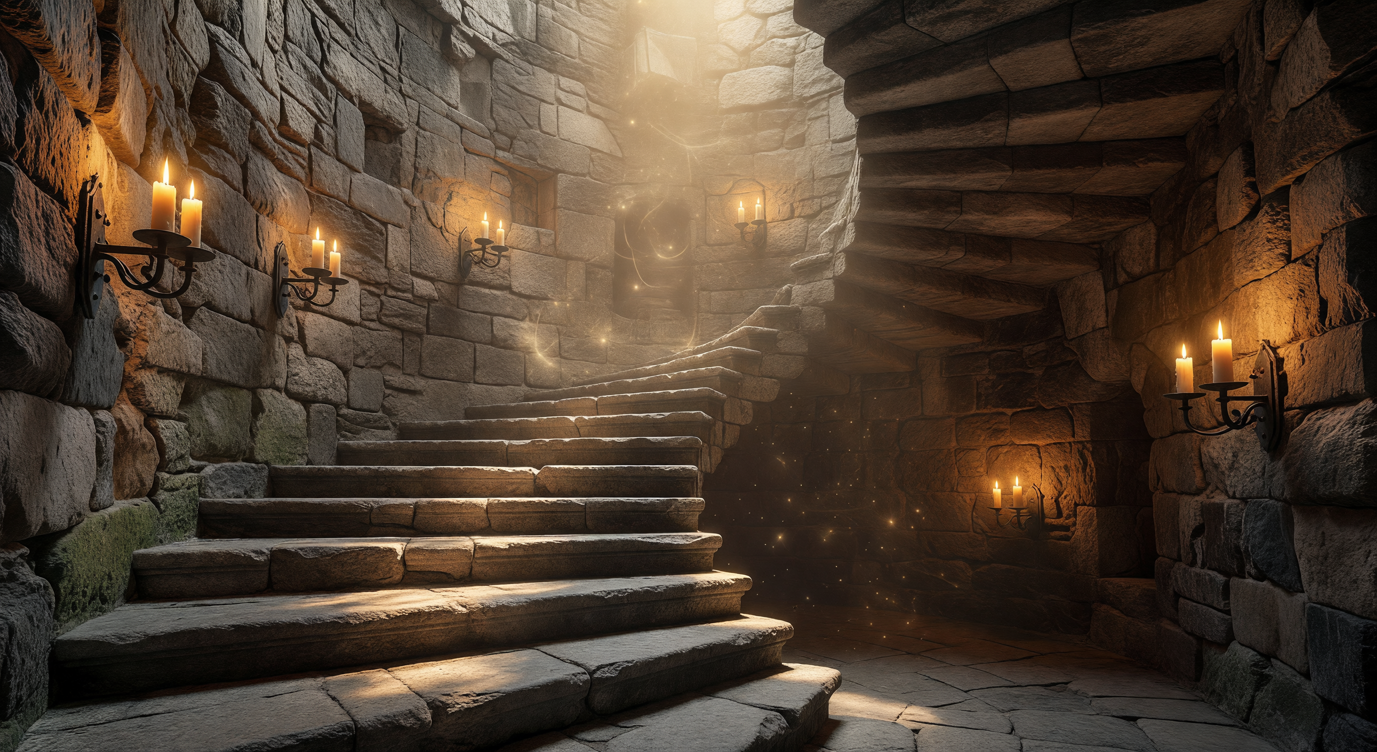 A spiral staircase in a stone castle tower, lit by wall-mounted candles, the steps winding upward into soft golden light