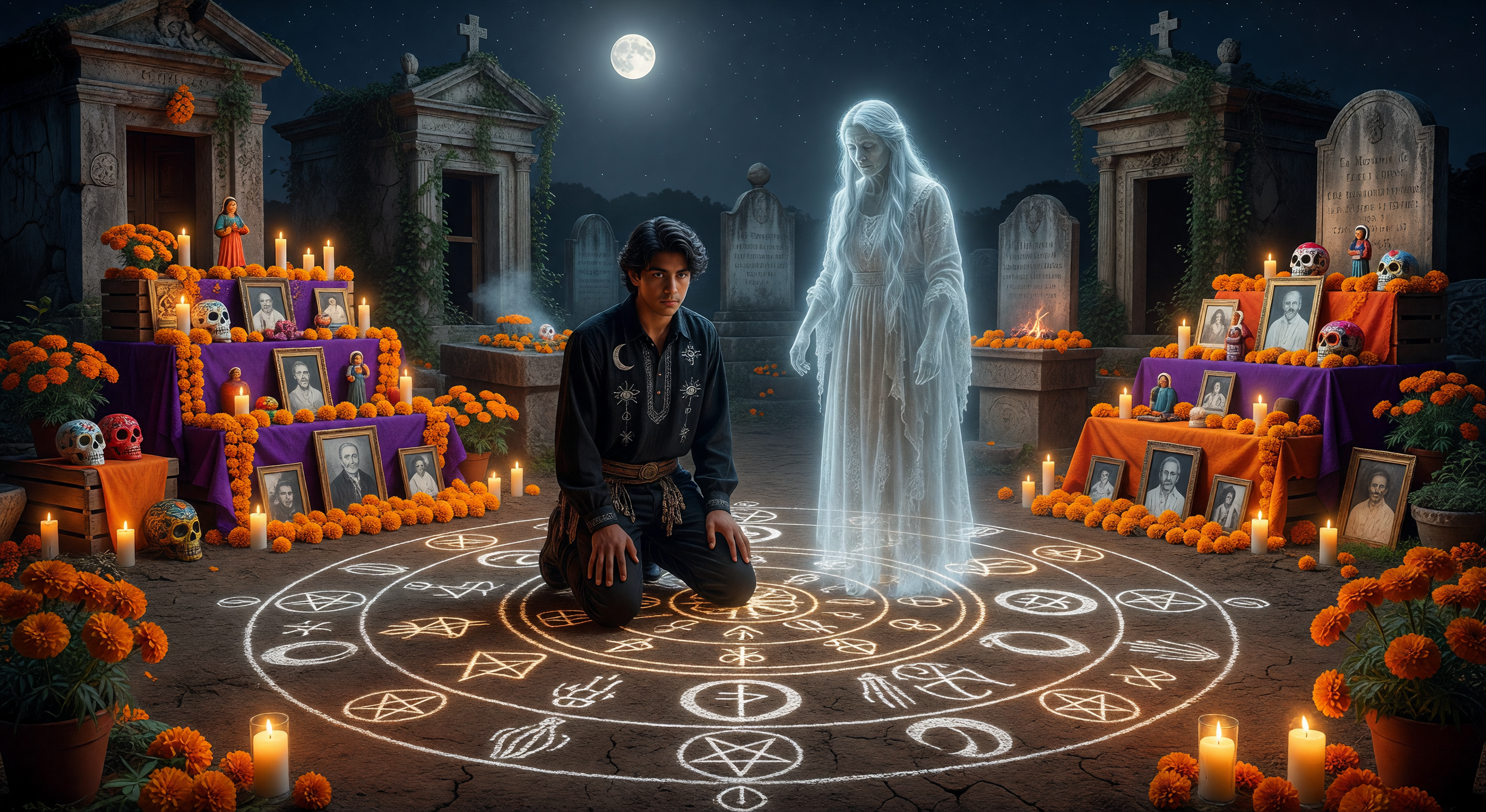 A candlelit cemetery at midnight with marigold petals scattered across worn headstones, the moon casting silver light over ancient oaks draped in Spanish moss