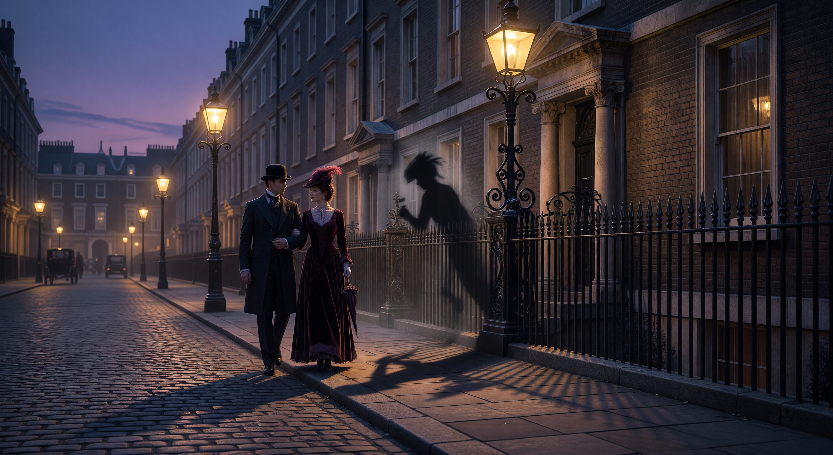 Gas-lit streets of Edwardian London at dusk, with iron lampposts casting amber pools of light over cobblestones slick with rain