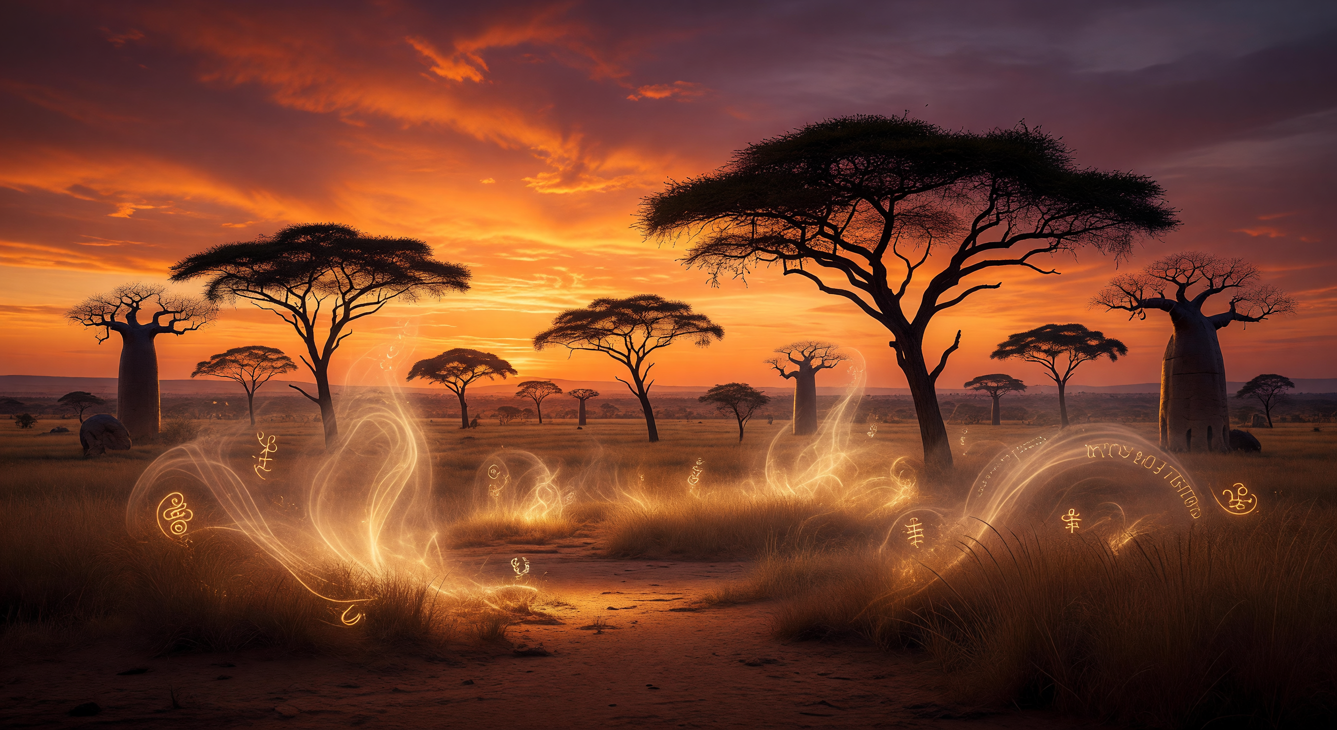 A vast savanna landscape at dusk, acacia trees silhouetted against a brilliant orange and purple sky, magical light rising from the earth