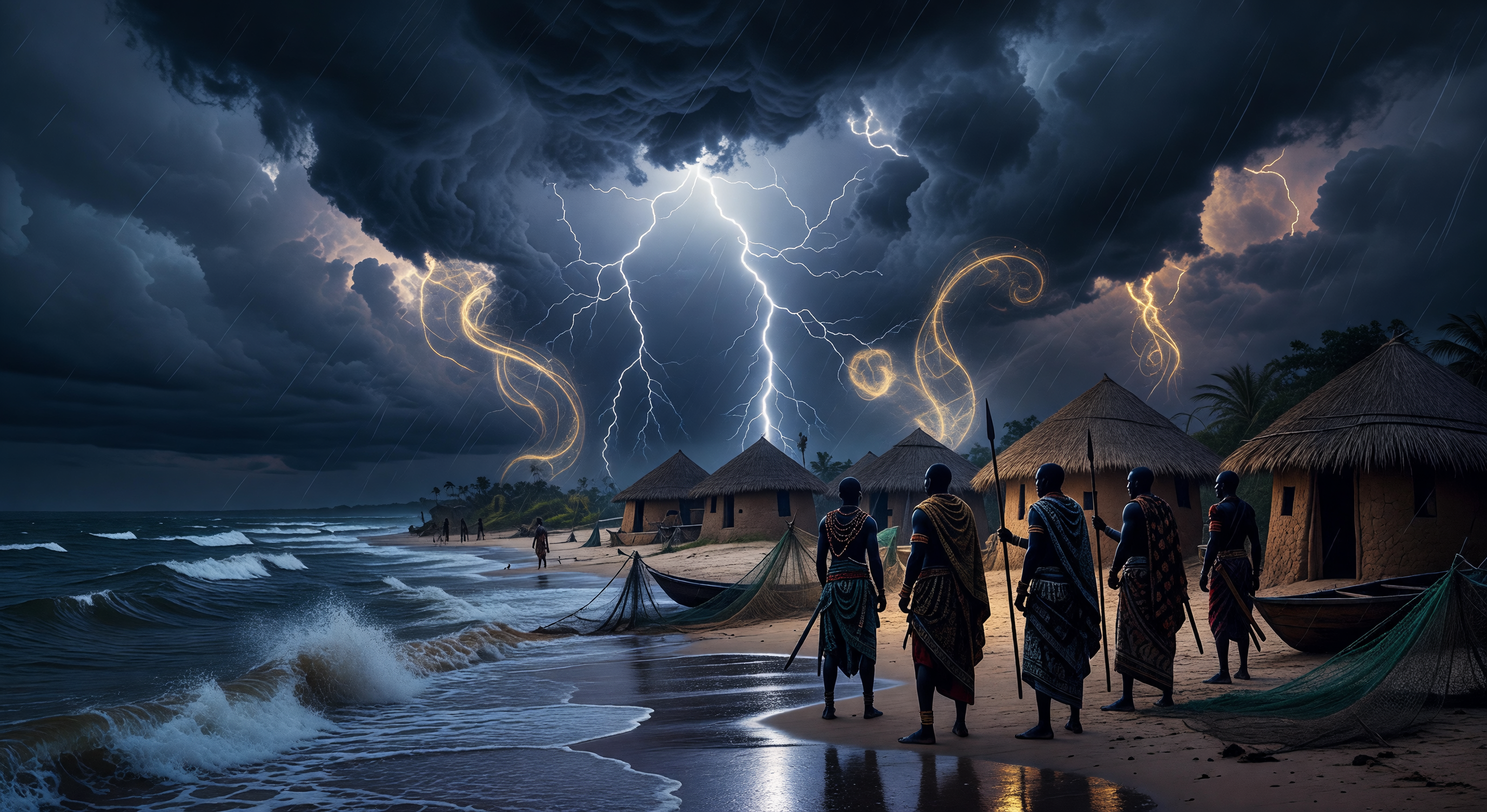 A Yoruba-inspired coastal village at stormy dusk, lightning illuminating the sky over dark water, warriors silhouetted against the light, magic visible in the clouds