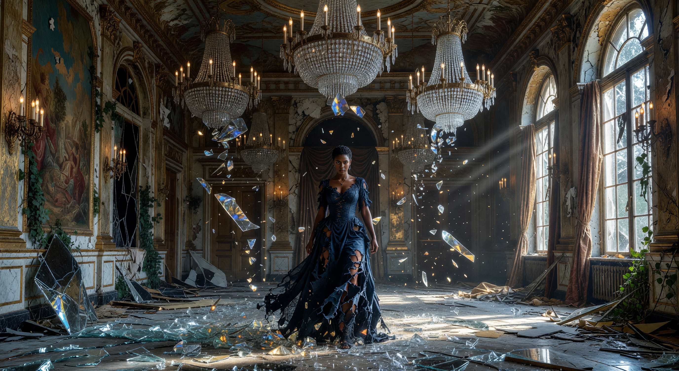 A grand ballroom with shattered chandeliers and overturned gilded chairs, moonlight streaming through tall broken windows onto an empty marble floor