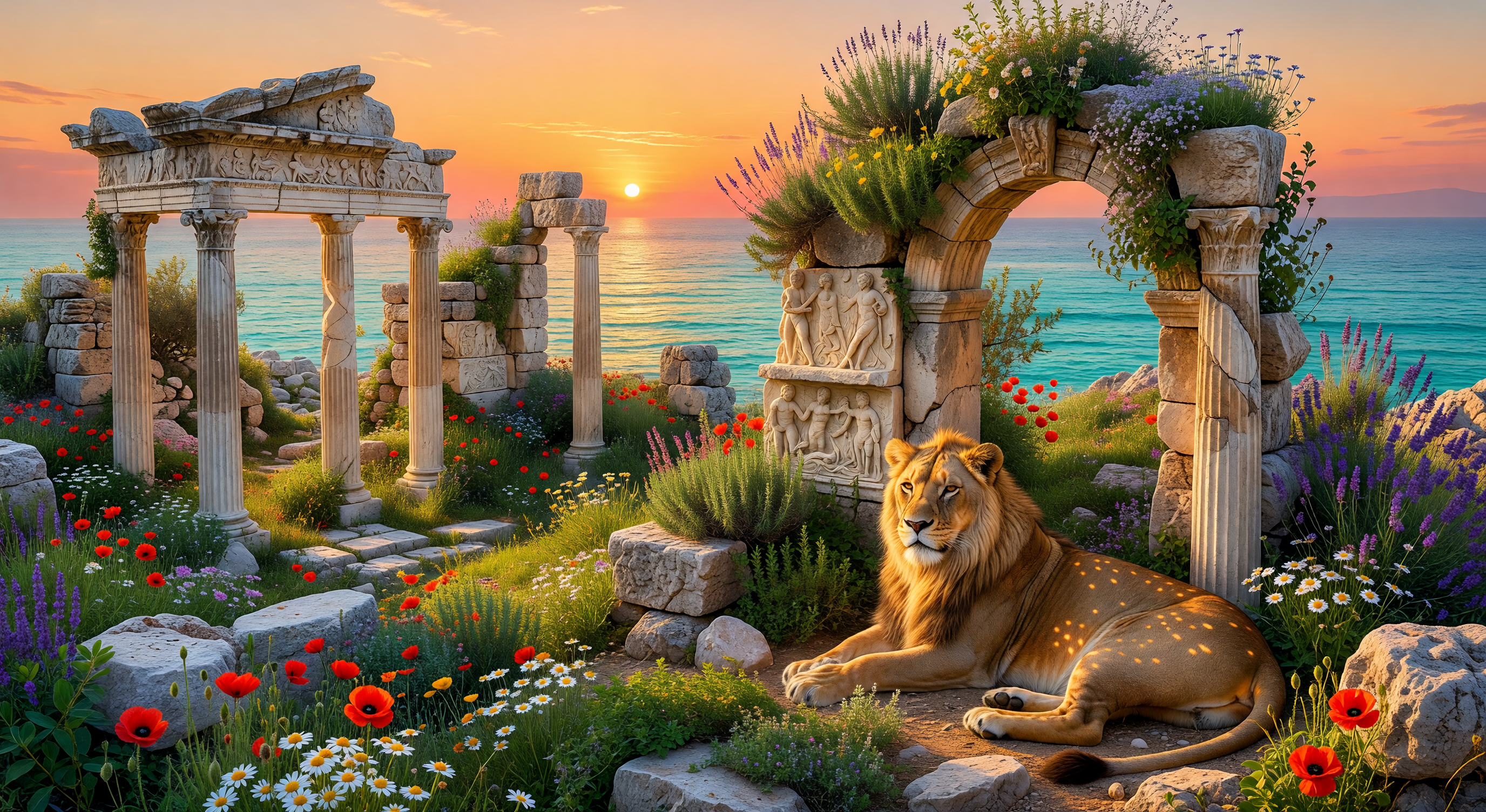 A Mediterranean island at golden hour, ancient stone ruins covered in wild herbs and flowers, a lioness resting in dappled shade