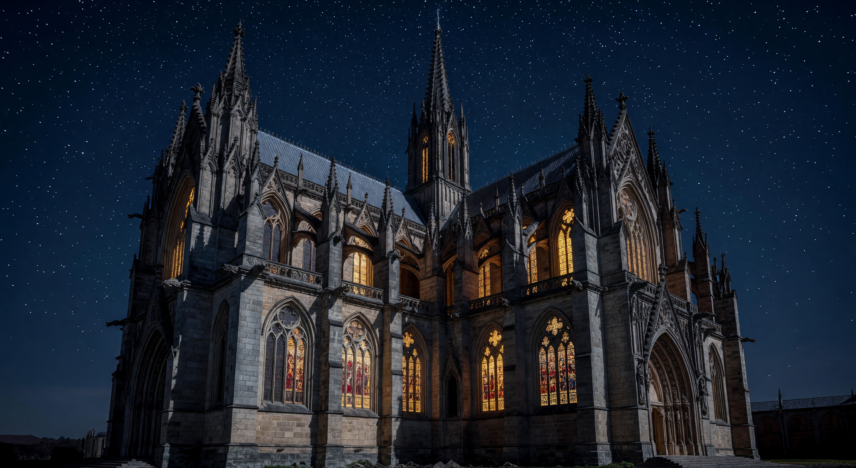 A dramatic Gothic stone church or cathedral at night, illuminated by golden light from within, stars visible overhead