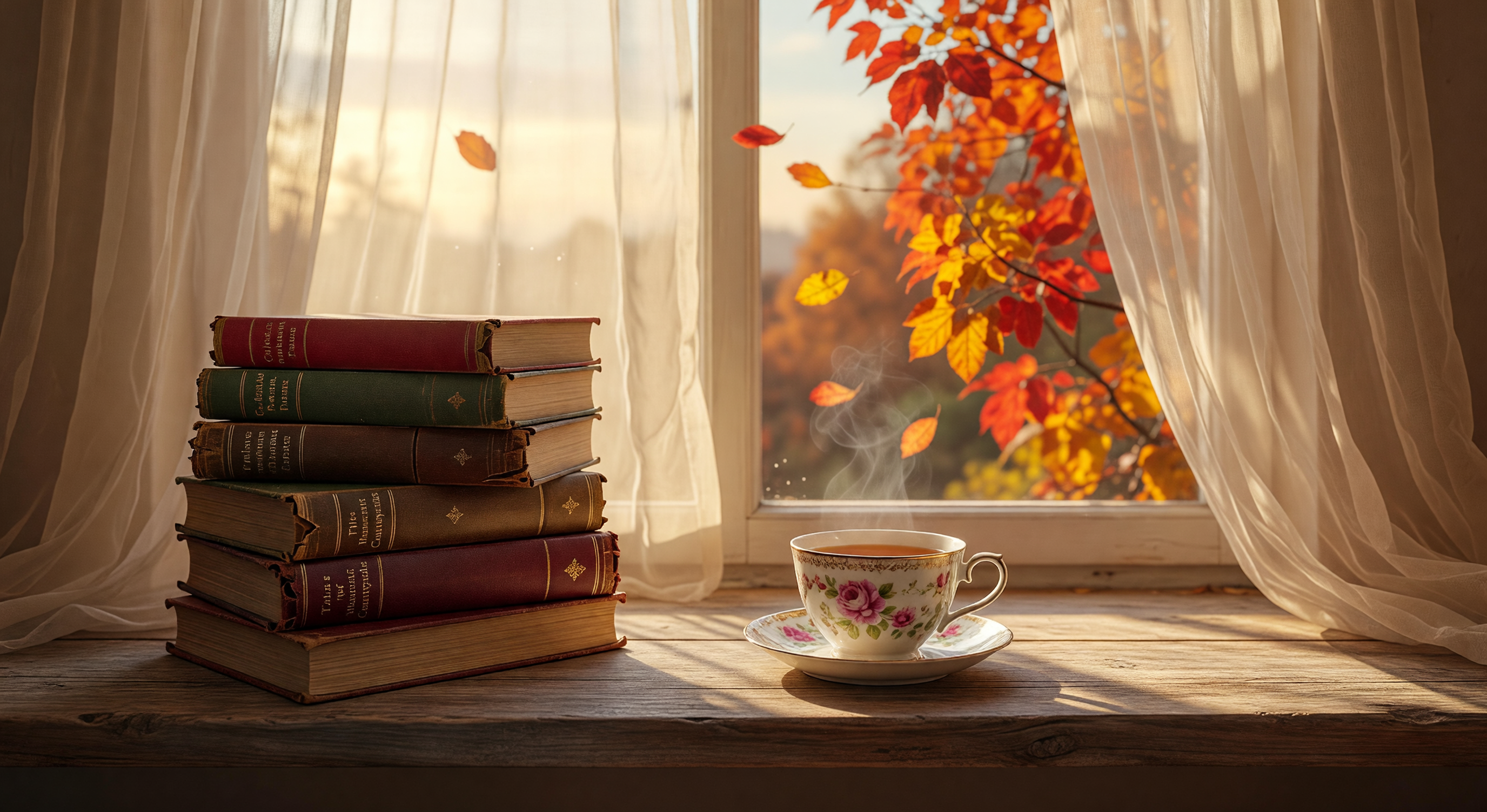 Stack of books on a cozy reading nook windowsill with warm afternoon light