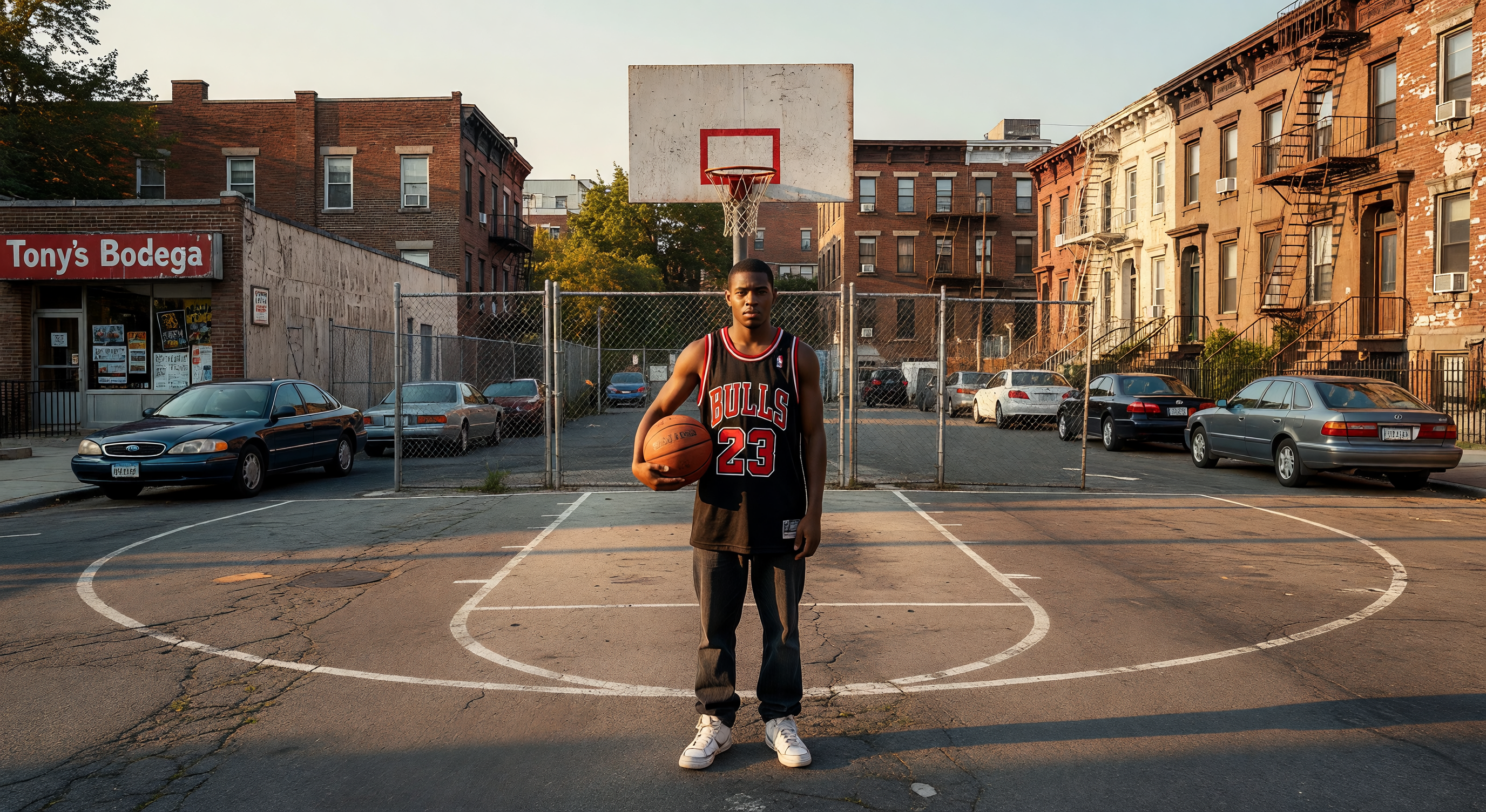 A basketball court in a housing project at late afternoon, chain-link fences casting diamond shadows across the asphalt, a lone basketball resting at the free throw line
