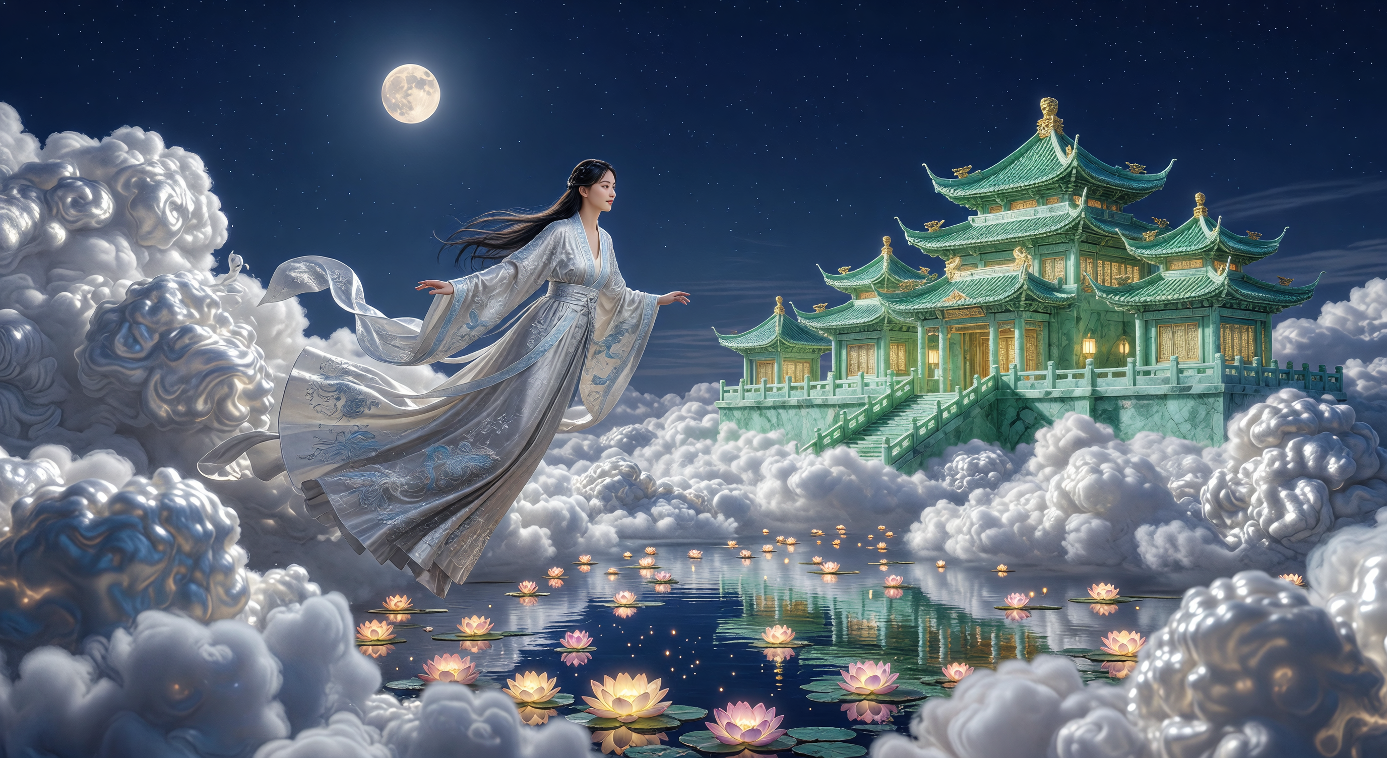 A lone figure standing on a silver bridge beneath a vast moon, surrounded by floating lanterns and clouds of jade-green mist