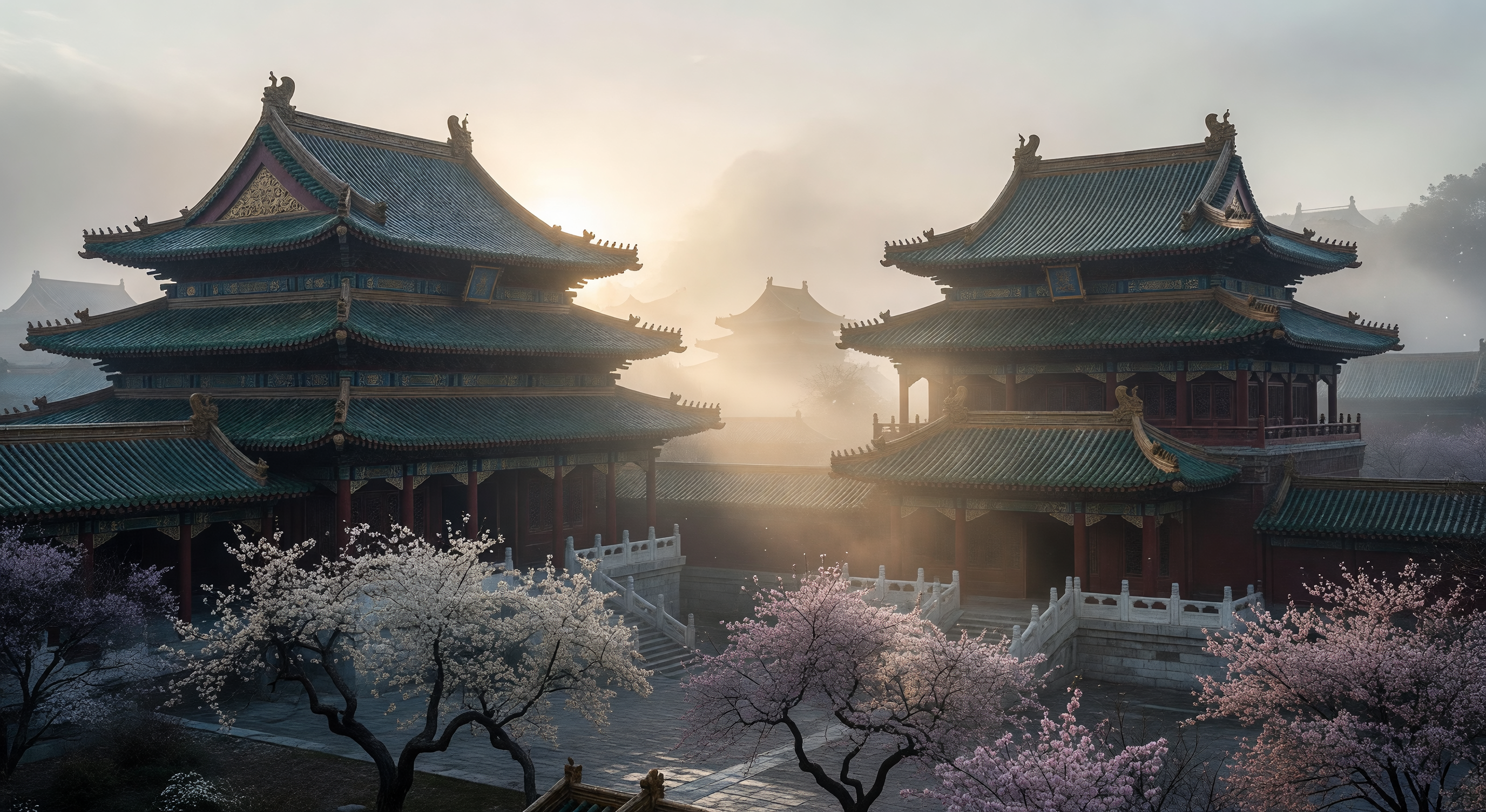 A classical Chinese palace complex at dawn, tiered roofs with upturned eaves rising through morning mist, plum blossoms in the foreground
