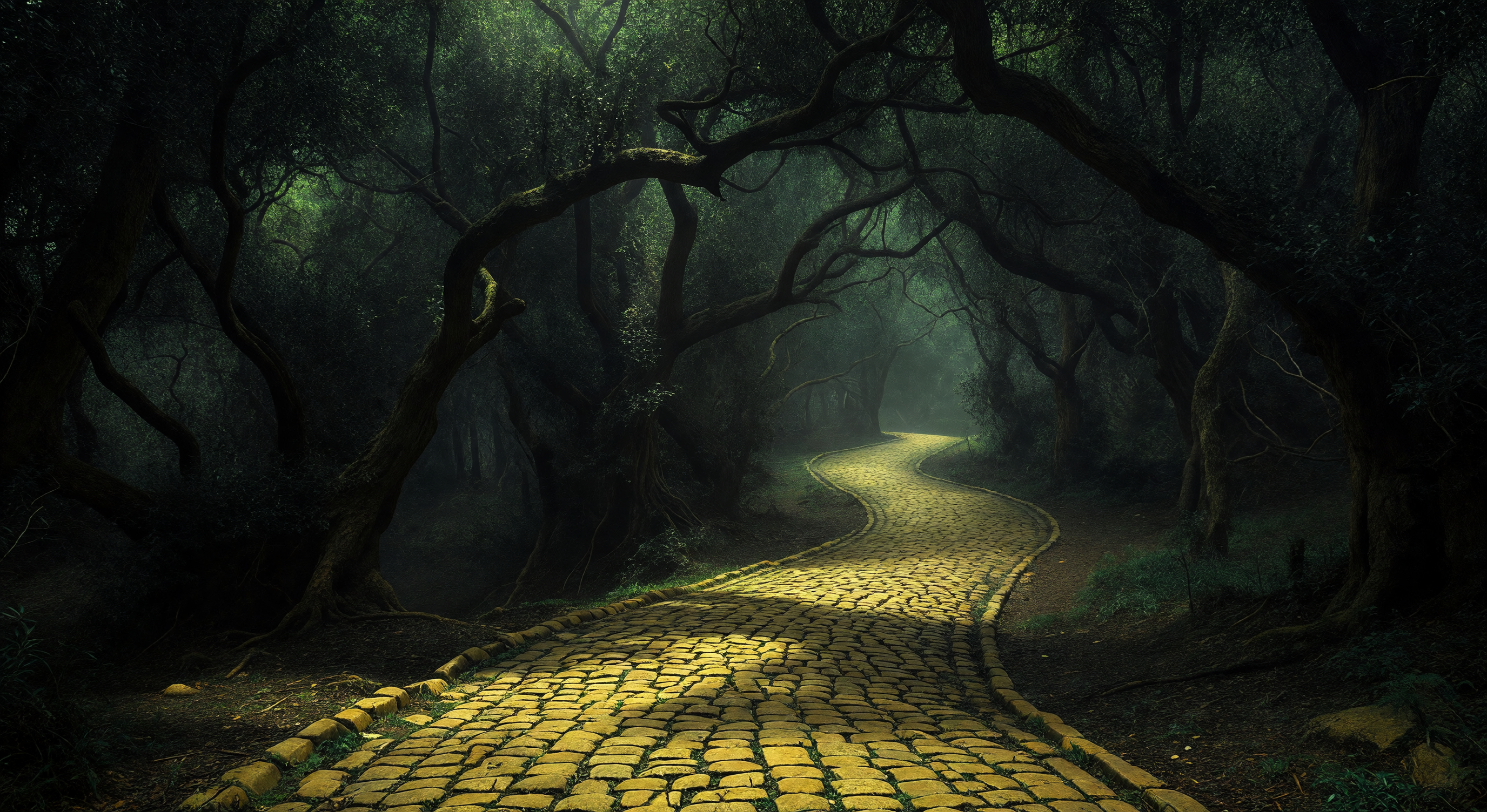 A path of worn yellow cobblestones winding through a dark overgrown forest with twisted trees and dim green light filtering through