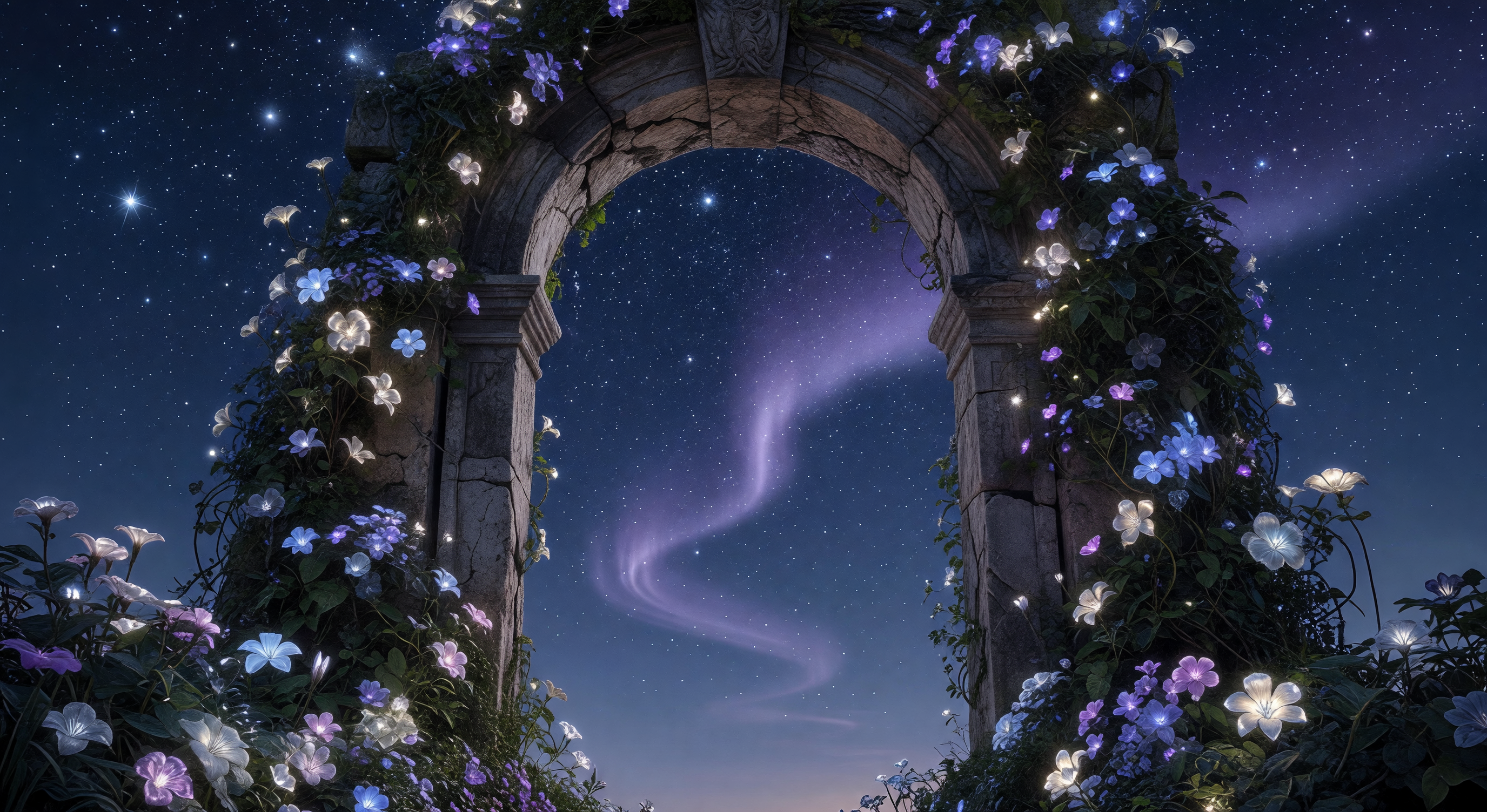 An ornate stone archway opening onto a twilight sky filled with stars and a faint aurora, surrounded by climbing vines and flowers