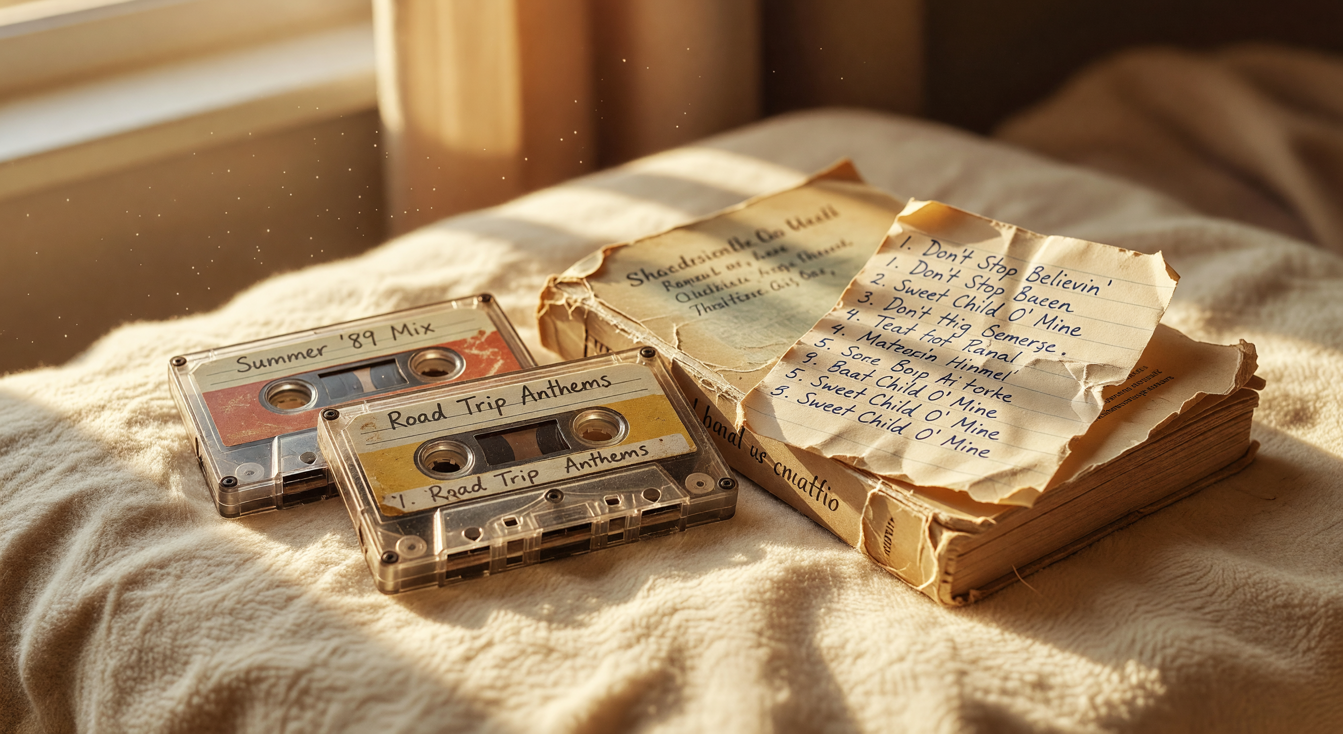 Two vintage cassette tapes and a mixtape case sitting beside a worn paperback on a soft fabric surface with warm golden light