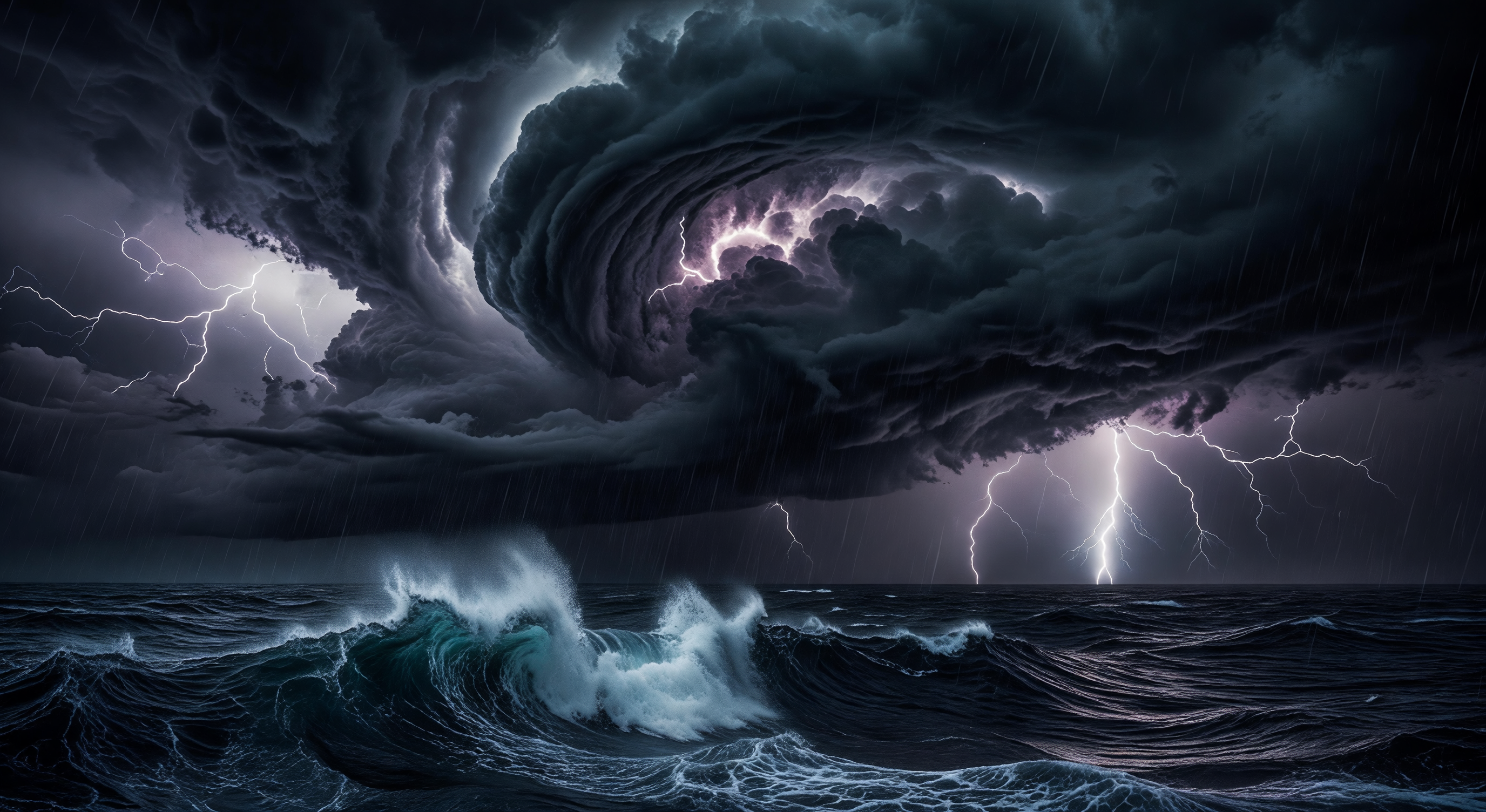 A stormy ocean at dusk, massive waves crashing against dark rocks, lightning visible in a purple-black sky