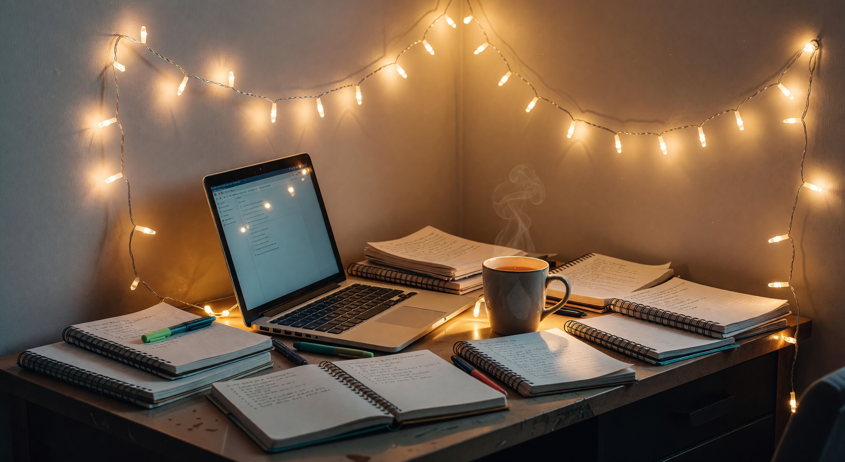 A young woman's desk with an open laptop, scattered notebooks, fairy lights, and a mug of tea in a cozy dorm room setting