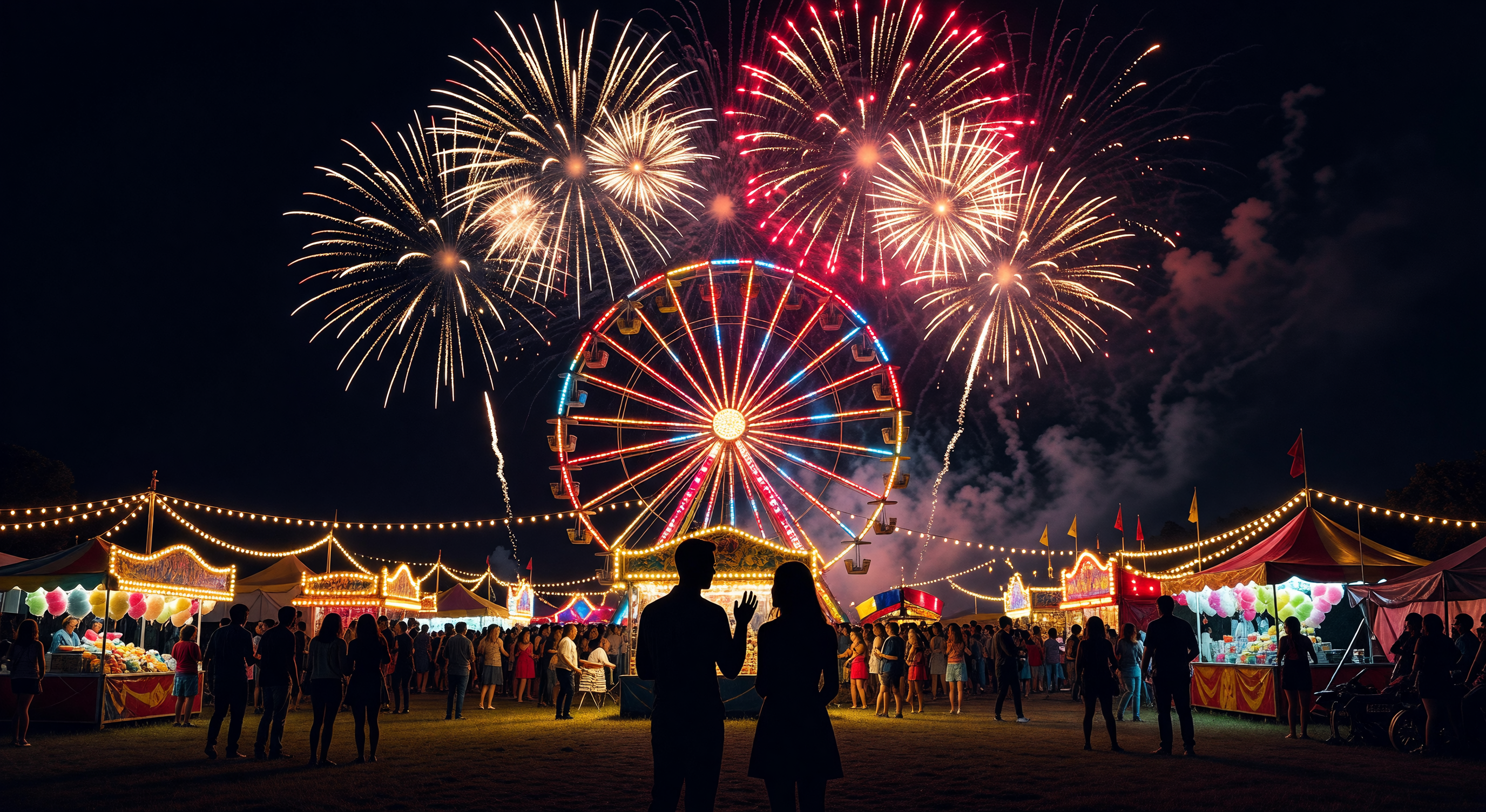 A dramatic carnival at midnight, fireworks bursting overhead in gold and crimson, a ferris wheel lit with coloured lights, two figures silhouetted in the foreground