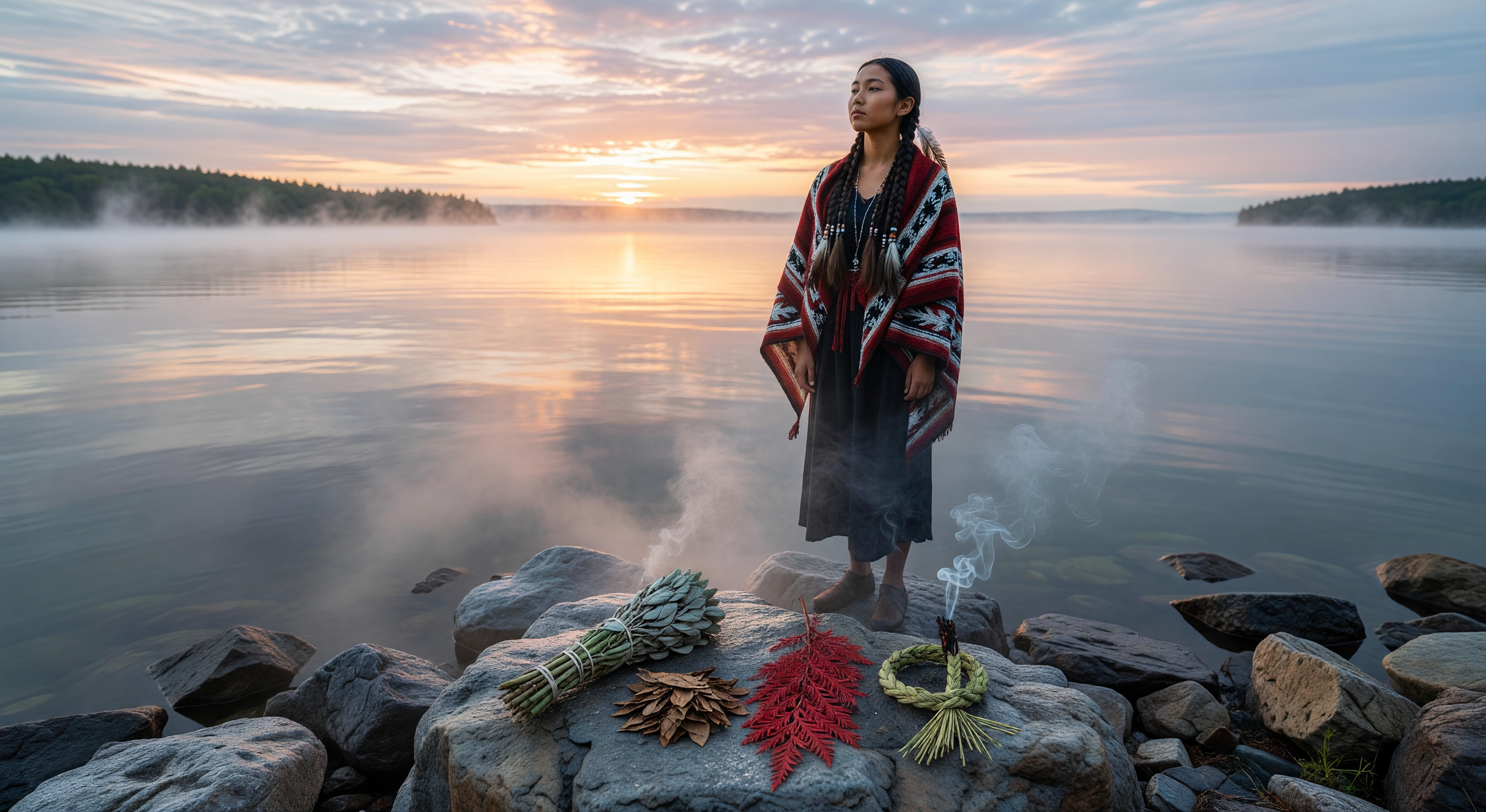 The shore of Lake Superior at dusk with pine forest stretching to the horizon, a small fire burning at the water's edge and smoke curling upward into a violet sky