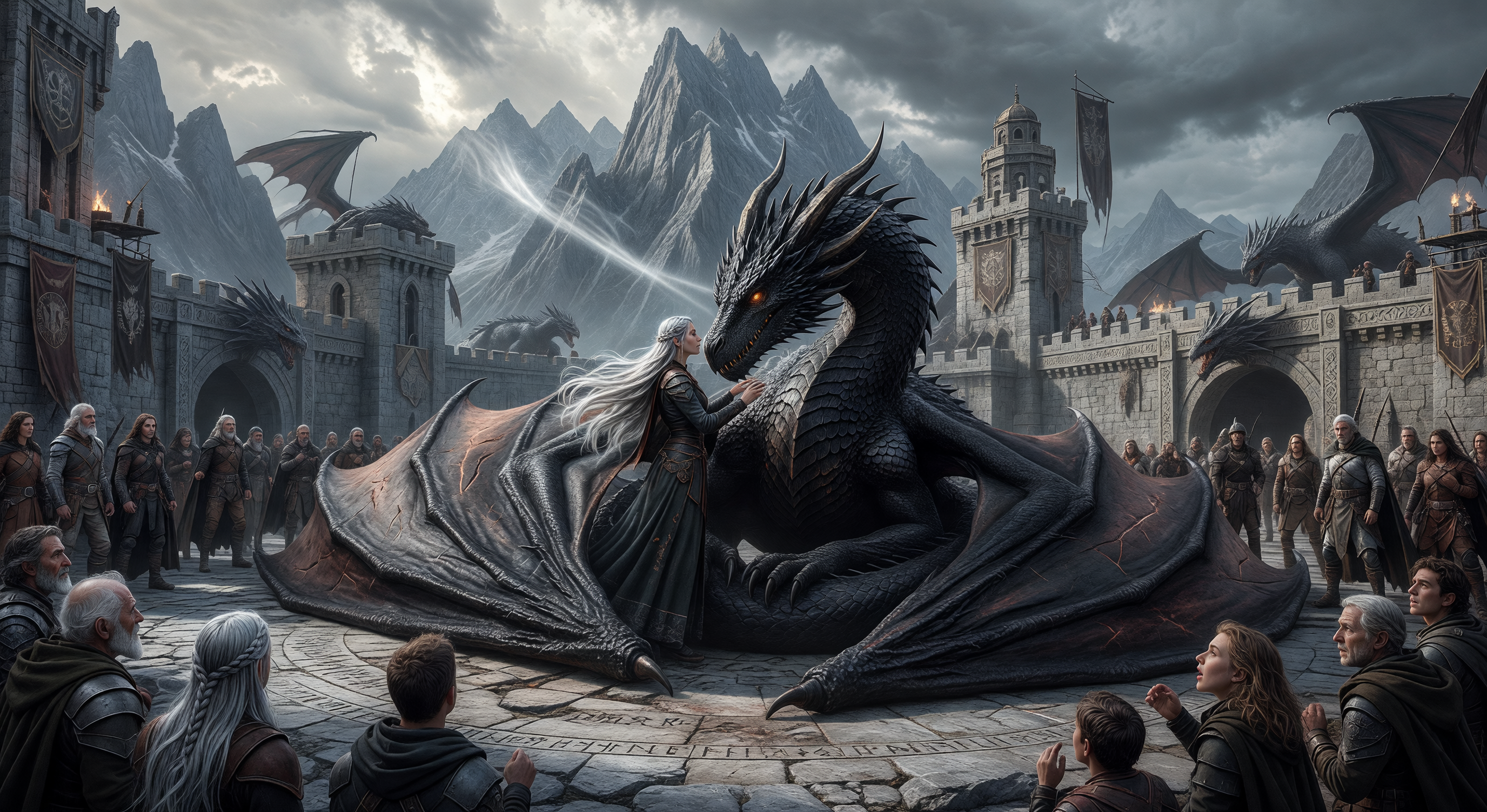 A vast stone parapet at a mountain war college at dusk, a massive dark dragon with spread wings silhouetted against a burning orange sky
