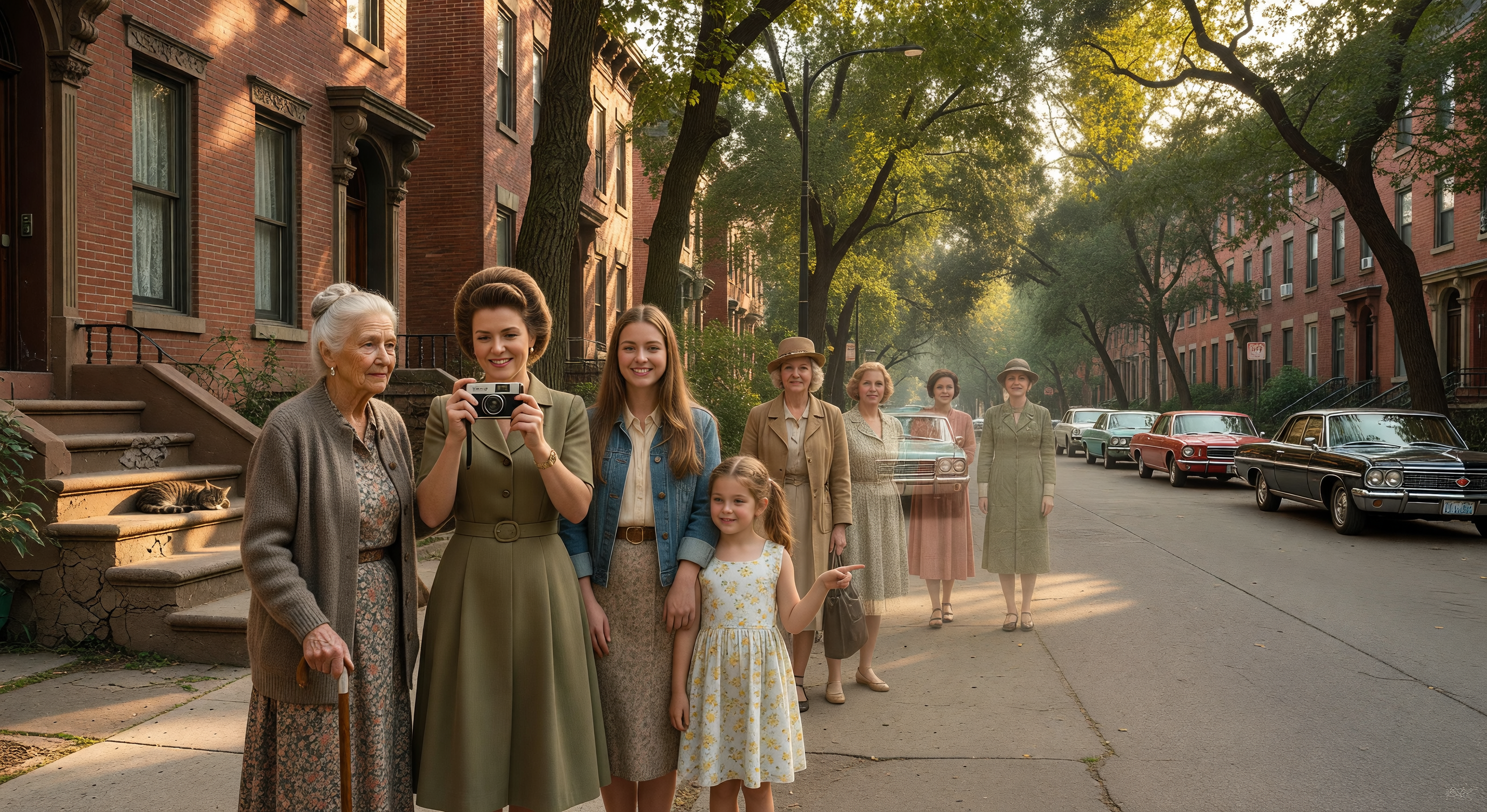 A Chicago front porch in summer with a row of women at different ages sitting on the steps, the neighbourhood street glowing gold behind them