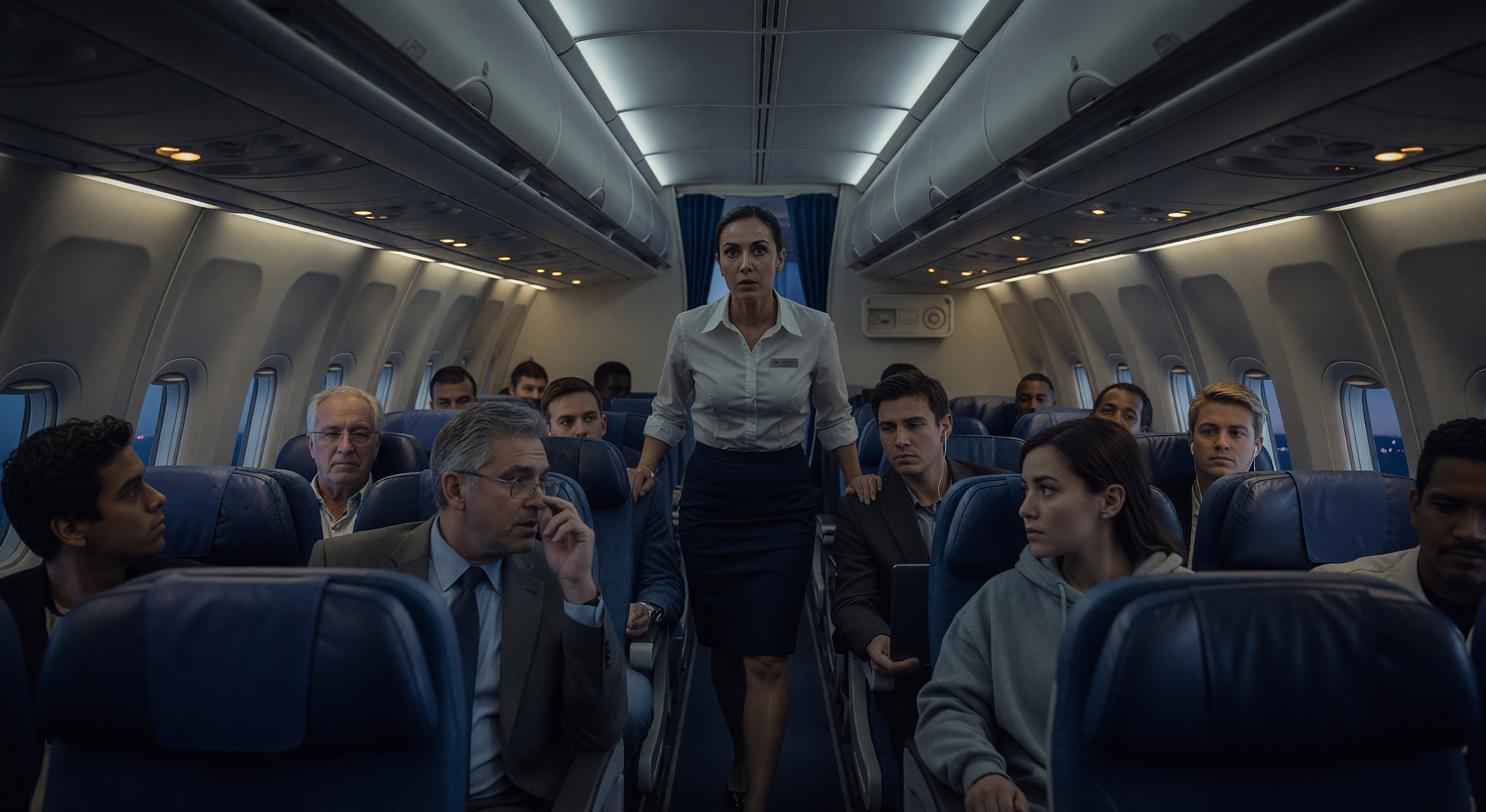 Airplane cabin aisle at dusk, overhead lights on, passengers as silhouettes, storm clouds visible through oval windows