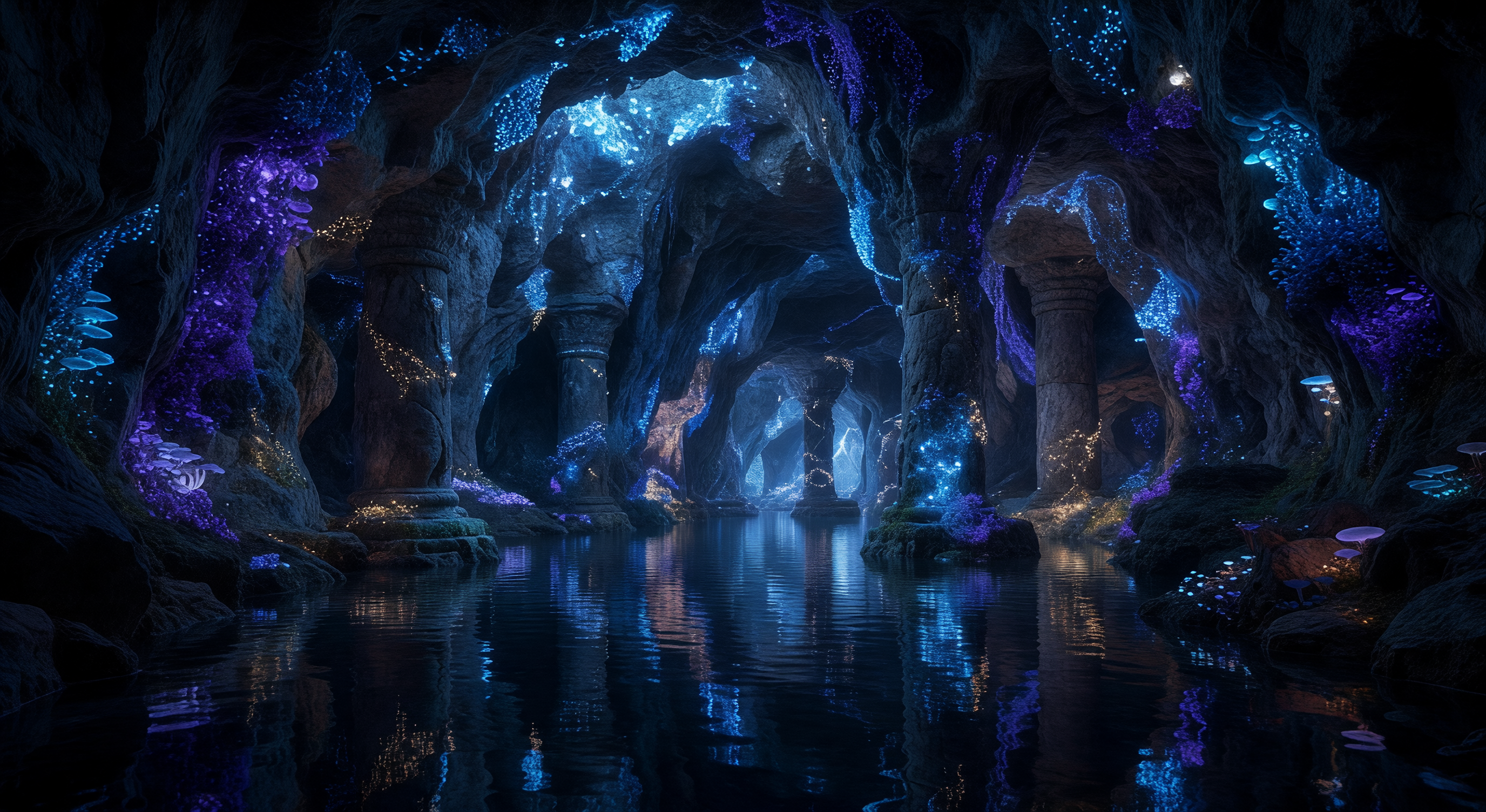 A dramatic underground cave with glowing blue and purple bioluminescent light reflecting off dark still water
