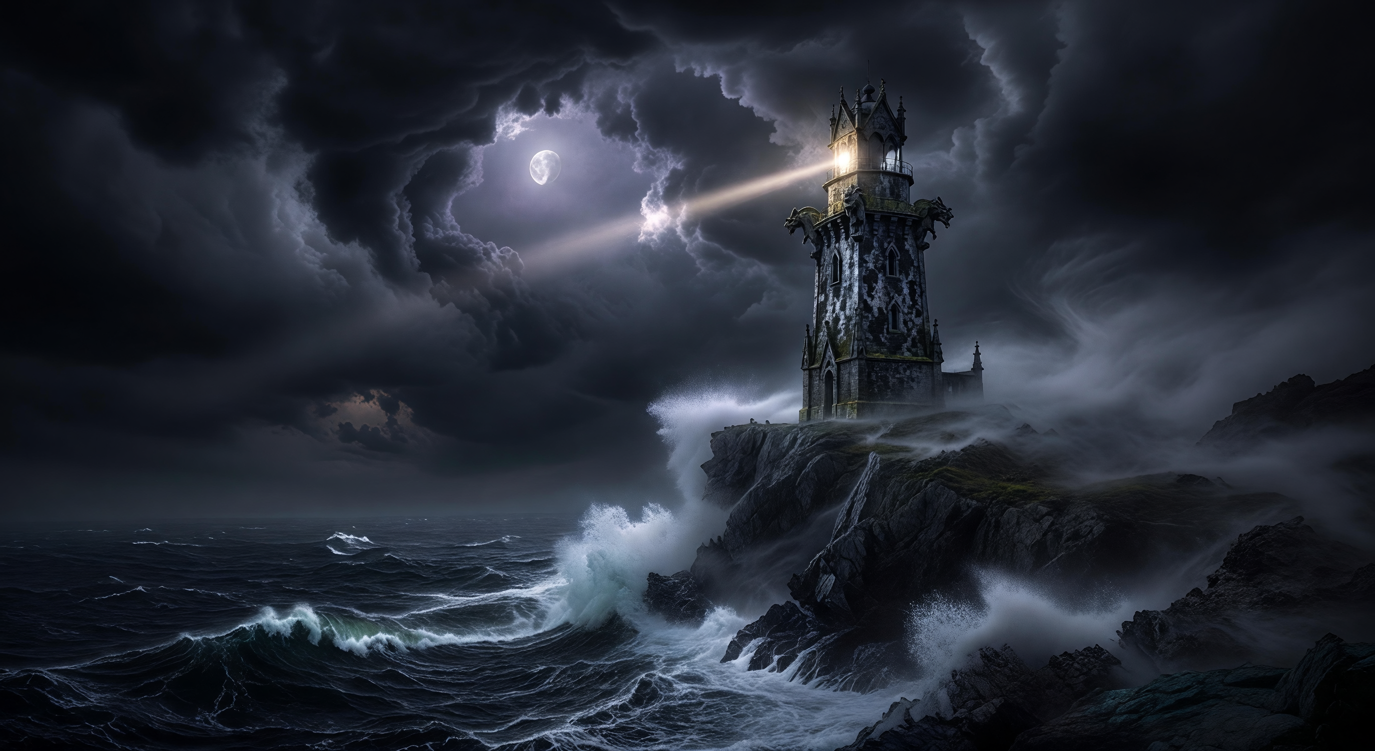 A gothic lighthouse on a rocky coastal cliff in stormy weather, waves crashing far below, the beam of light cutting through fog, a pale moon above