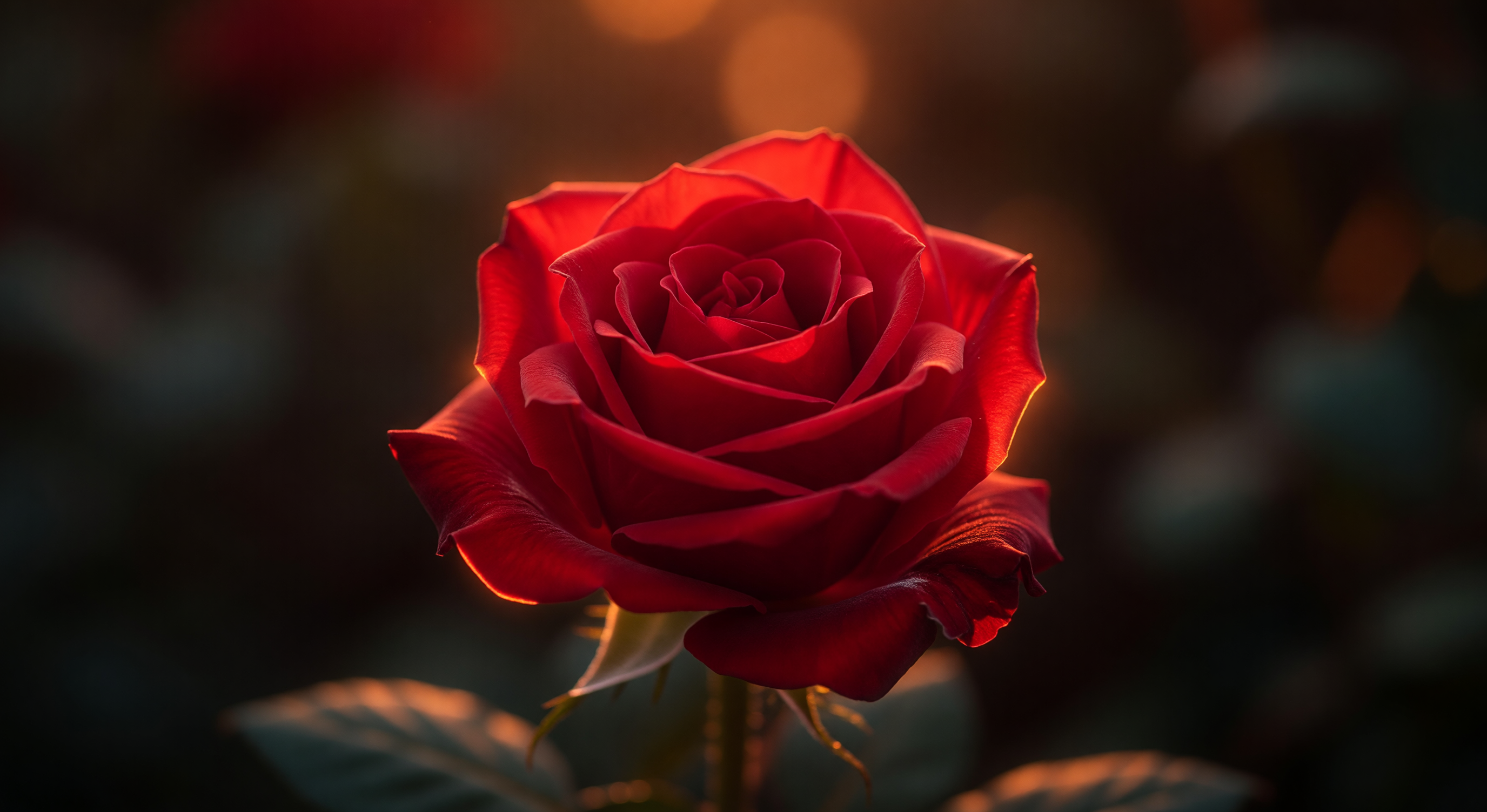 A single red rose in sharp focus against a softly blurred dark background with warm amber light