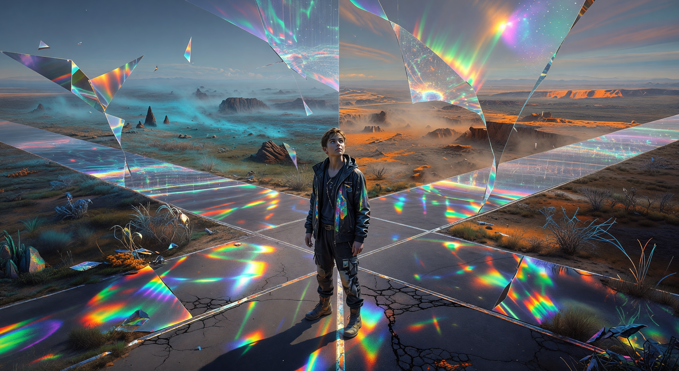 A teenage boy standing at a crossroads between dozens of overlapping worlds, each a slightly different version of the same landscape, light fracturing between dimensions