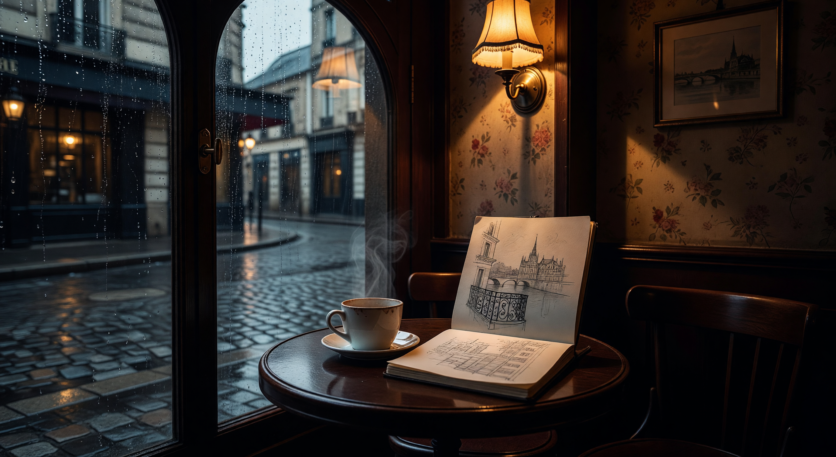 A cozy Parisian café table beside a rain-streaked window, a coffee cup and open sketchbook visible, warm amber interior lighting