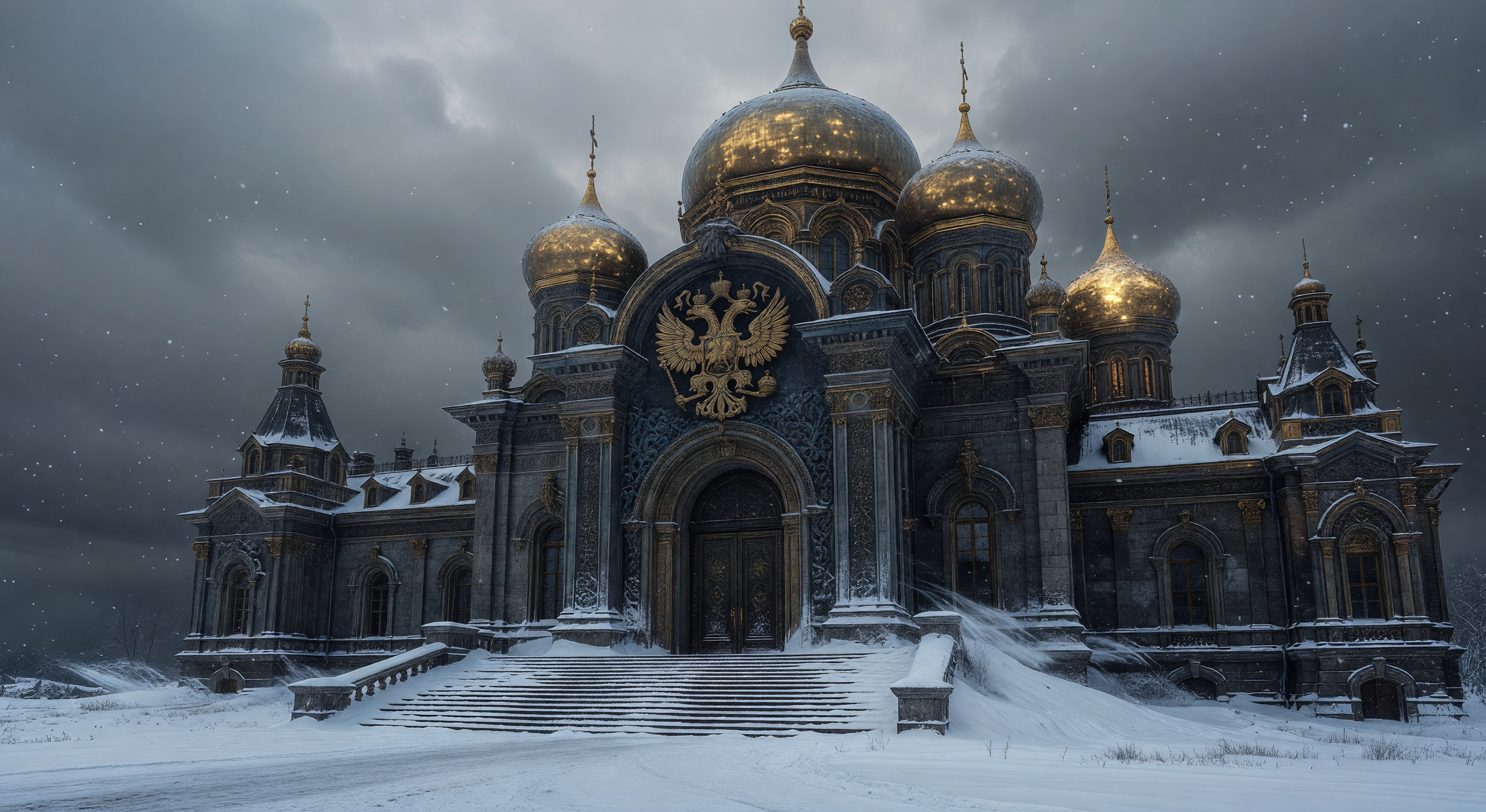 A grand Russian-inspired palace in winter, golden domes against a grey sky, snow on the steps, a double-headed eagle crest above the door
