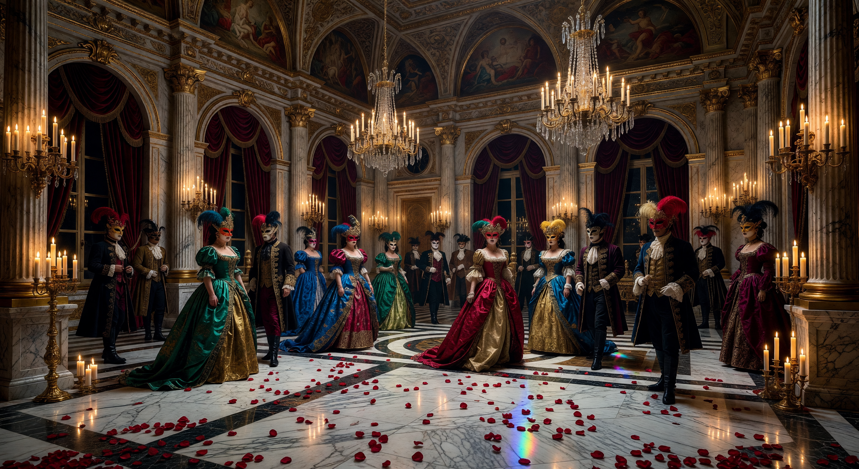 A grand baroque ballroom at midnight, masked figures in elaborate costumes, golden light from a thousand candles, rose petals on a marble floor