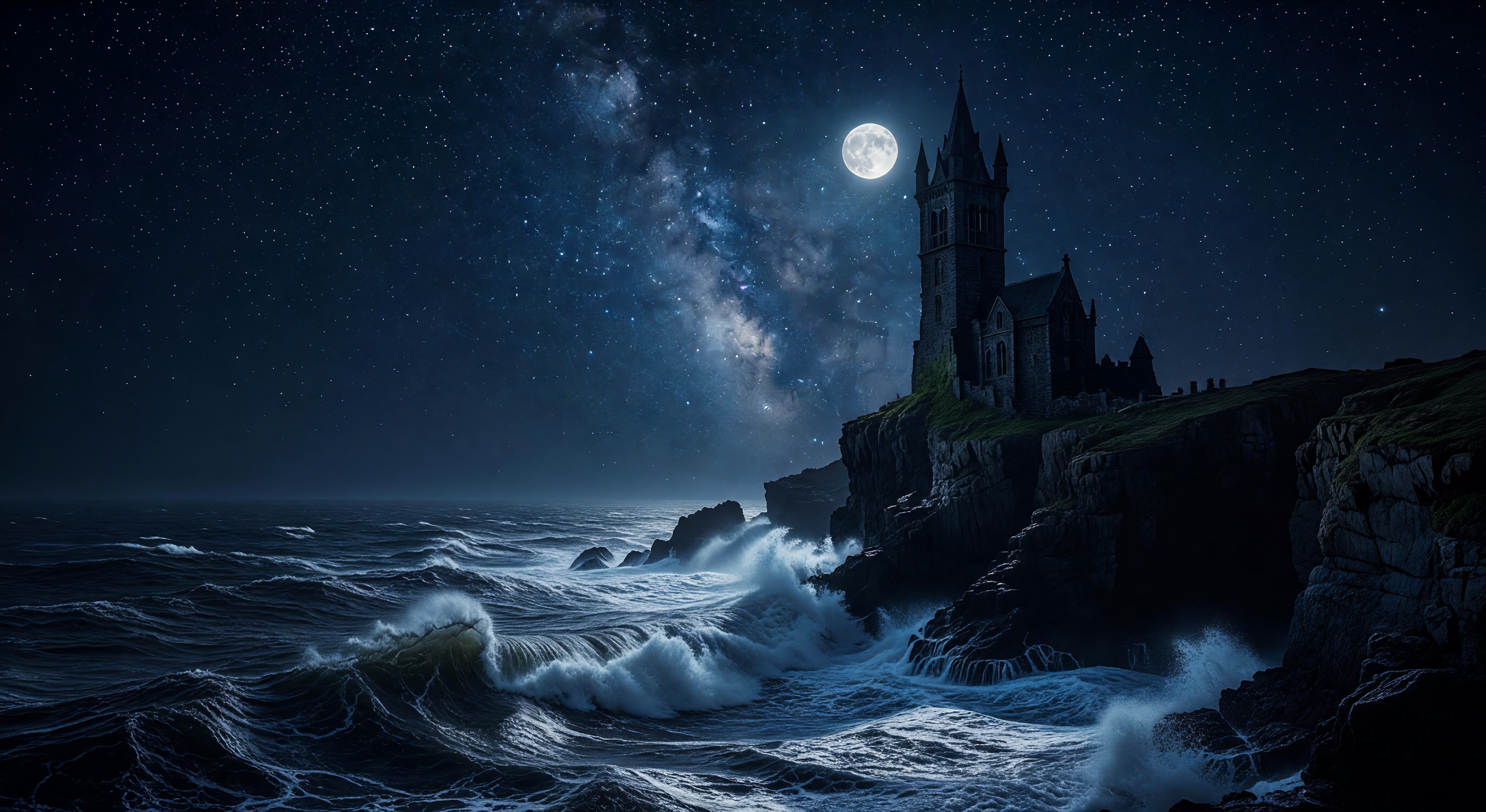 A moonlit ocean at night, dark waves crashing against rocky cliffs, a gothic stone tower silhouetted against a star-filled sky