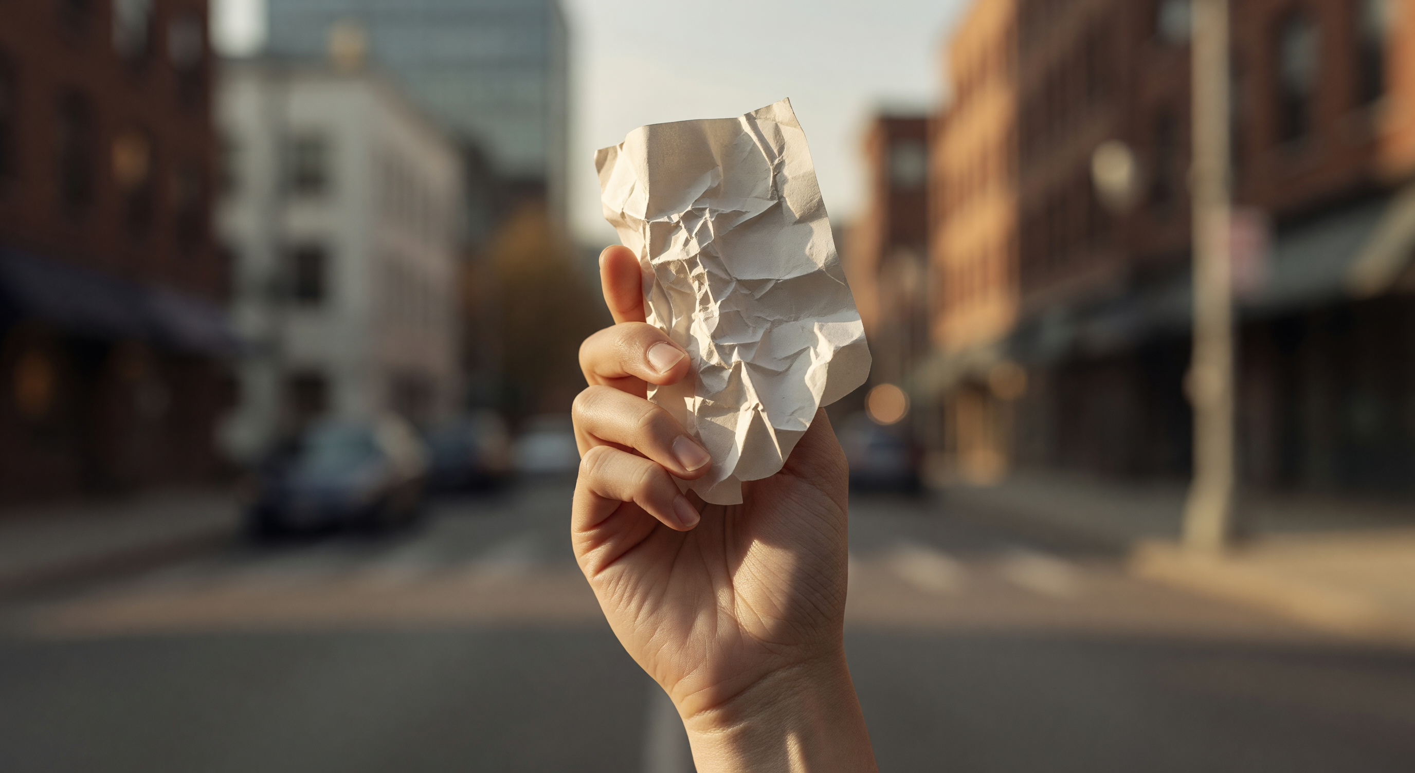 A young person's hand holding a crumpled piece of paper against a blurred urban background, late afternoon golden light