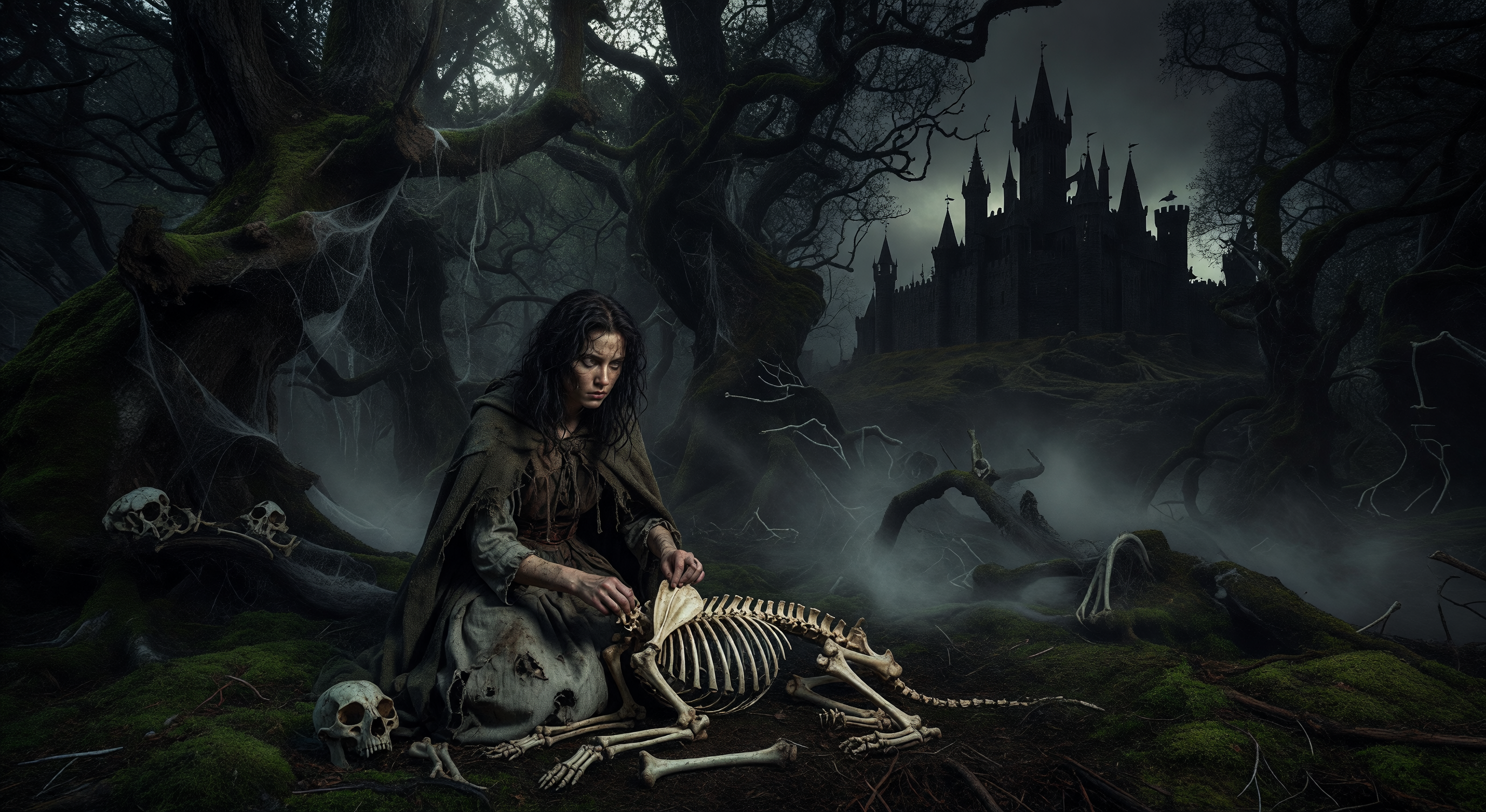 A woman kneeling in a moonlit forest, assembling the bones of a dog with careful, bloodied hands while mist curls around the trees