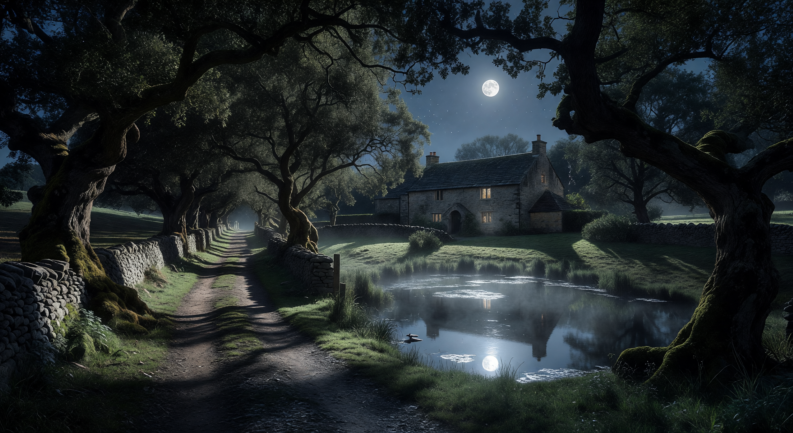 A moonlit farmhouse lane in rural England, a duck pond glowing silver under a full moon, ancient trees overhanging the path, something watching from the shadows