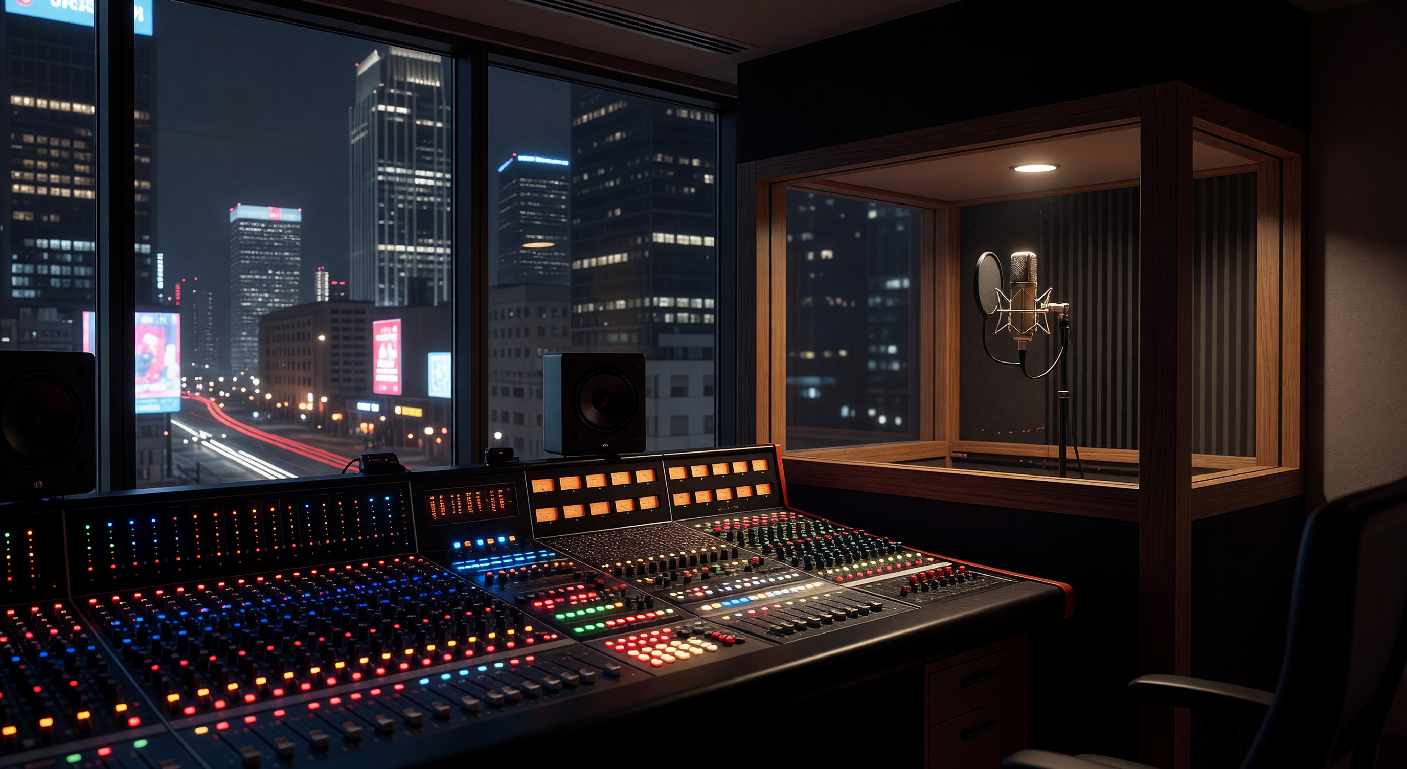 A urban recording studio at night, mixing board glowing with lights, a microphone in a booth, city lights visible through a large window